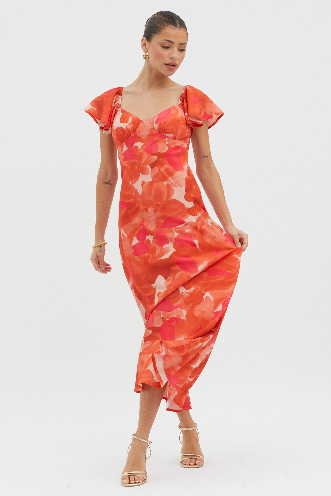 Park Avenue Flutter Sleeve Mini Dress Abstract Orange by Selfie Leslie Australia