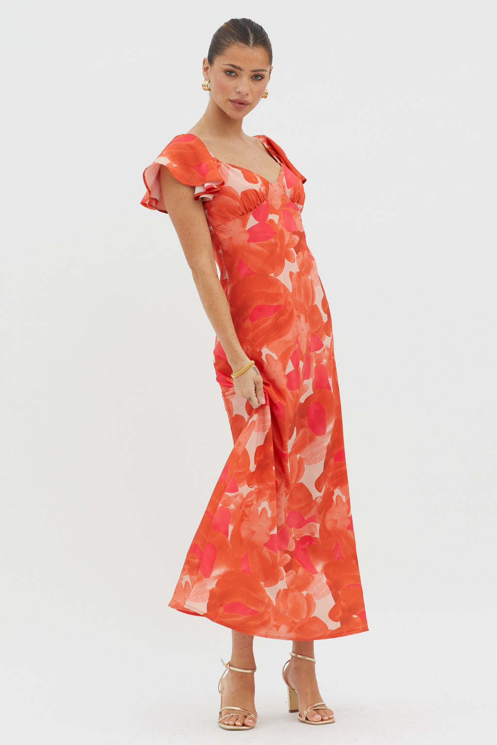Park Avenue Flutter Sleeve Mini Dress Abstract Orange by Selfie Leslie Australia