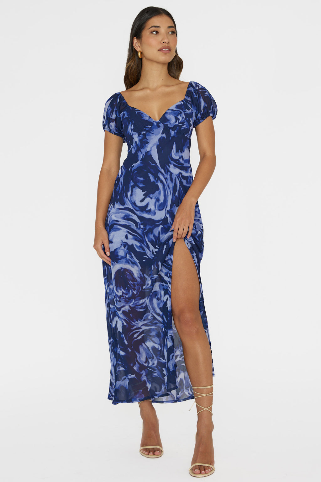 Park Avenue Puff Sleeve Midi Dress Print Blue by Selfie Leslie Australia