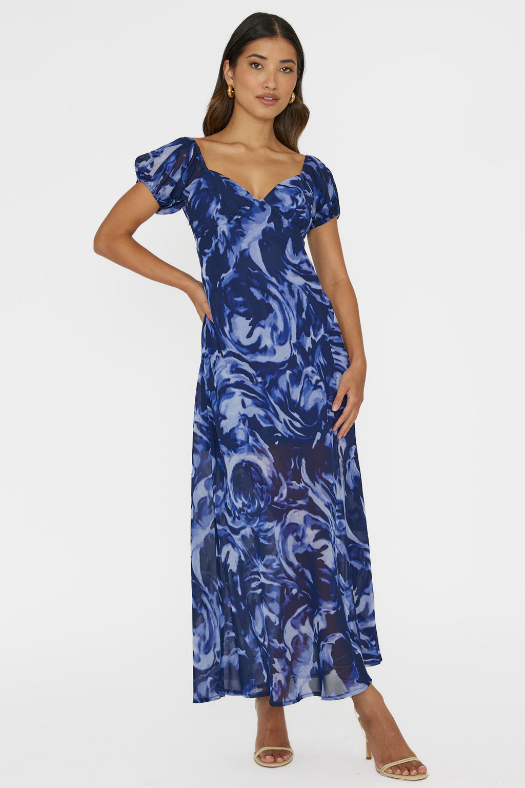 Park Avenue Puff Sleeve Midi Dress Print Blue by Selfie Leslie Australia
