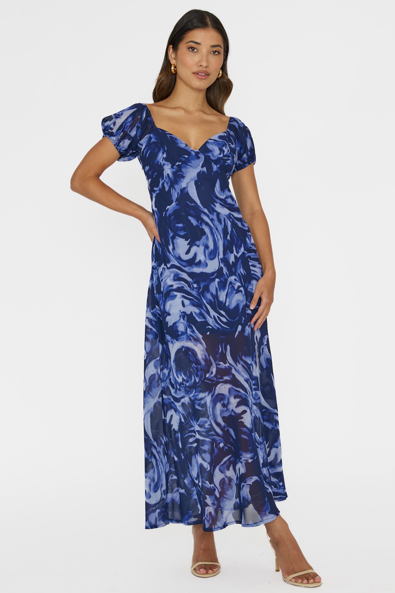 Park Avenue Puff Sleeve Midi Dress Print Blue by Selfie Leslie Australia