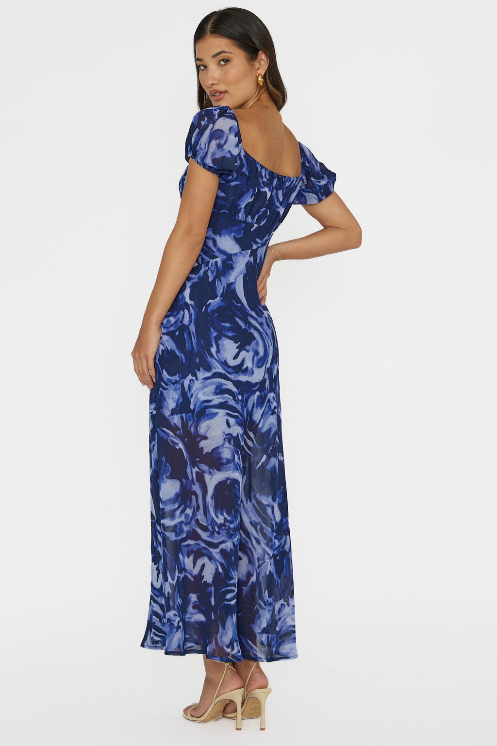 Park Avenue Puff Sleeve Midi Dress Print Blue by Selfie Leslie Australia