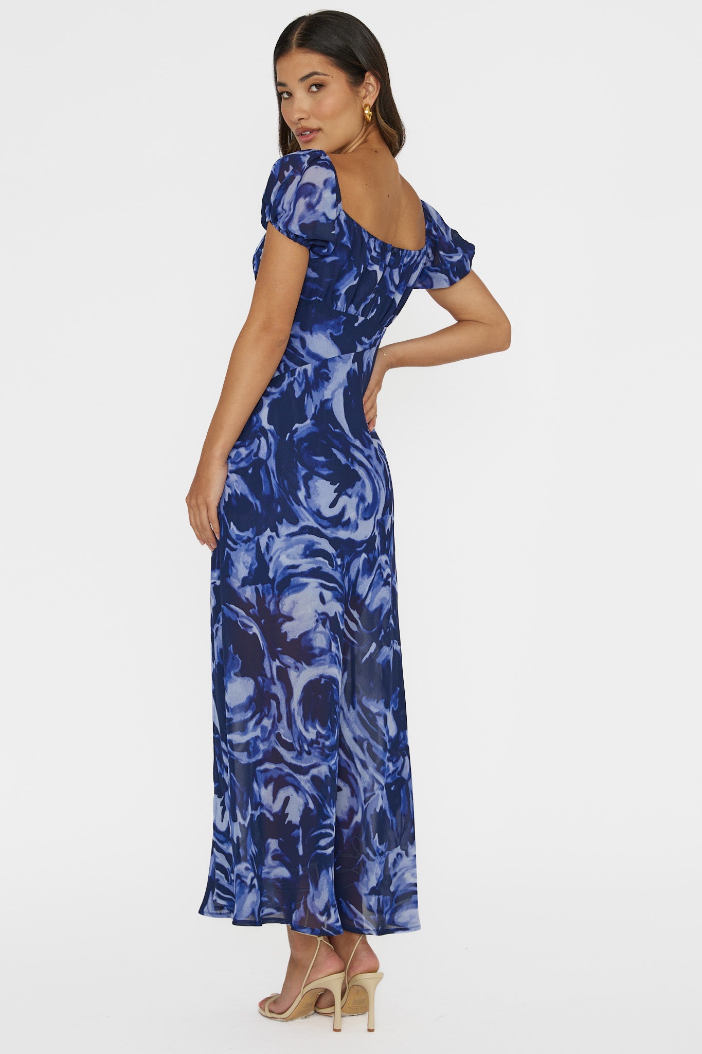 Park Avenue Puff Sleeve Midi Dress Print Blue by Selfie Leslie Australia
