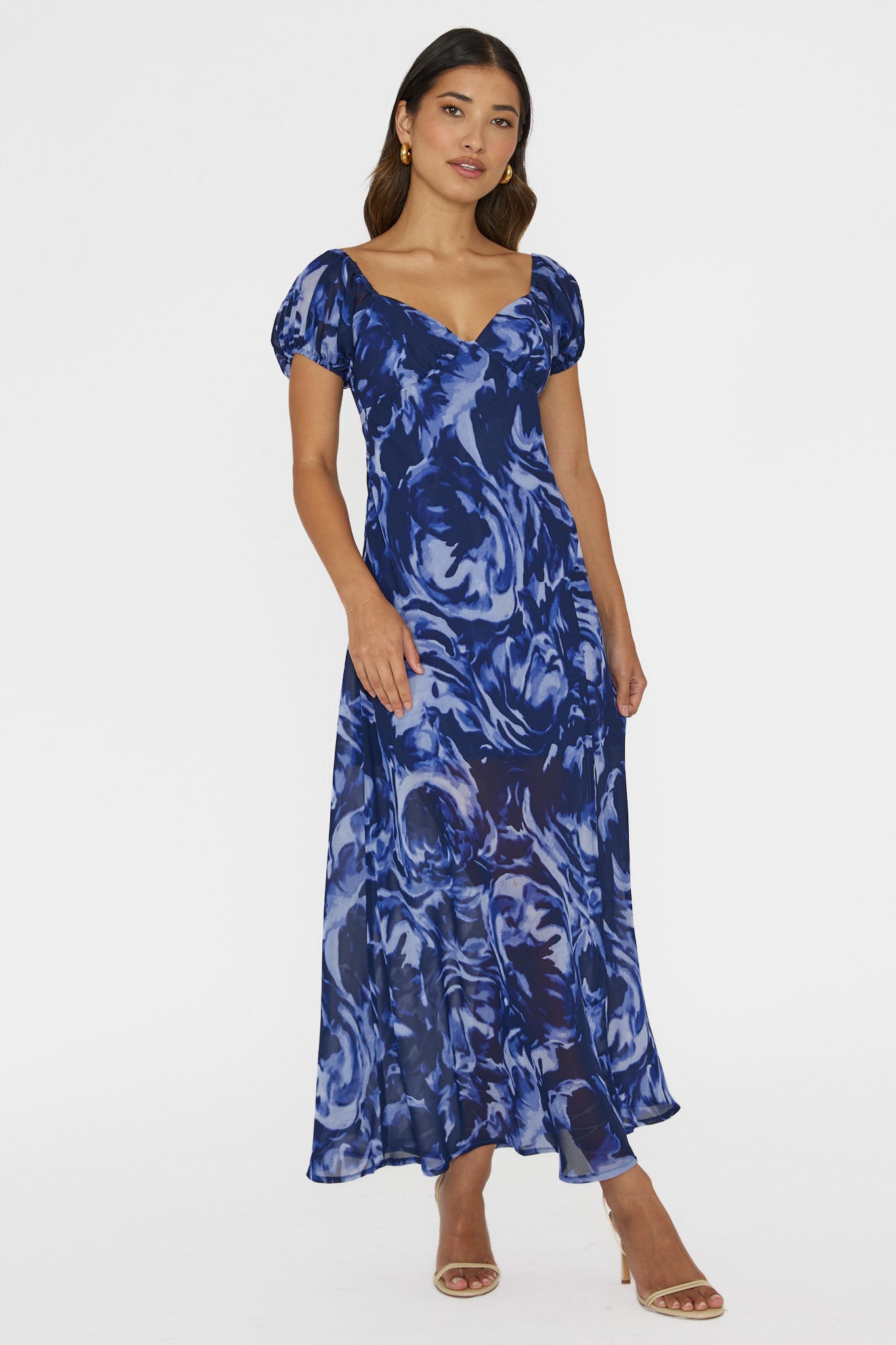Park Avenue Puff Sleeve Midi Dress Print Blue by Selfie Leslie Australia