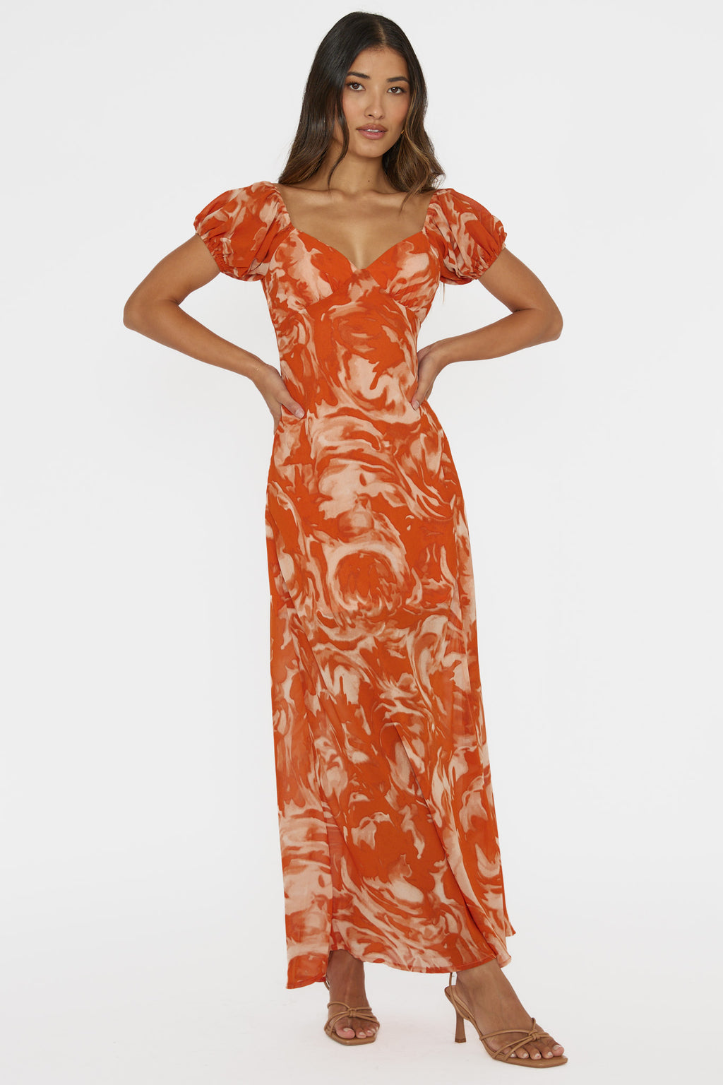 Park Avenue Puff Sleeve Midi Dress Print Orange by Selfie Leslie Australia