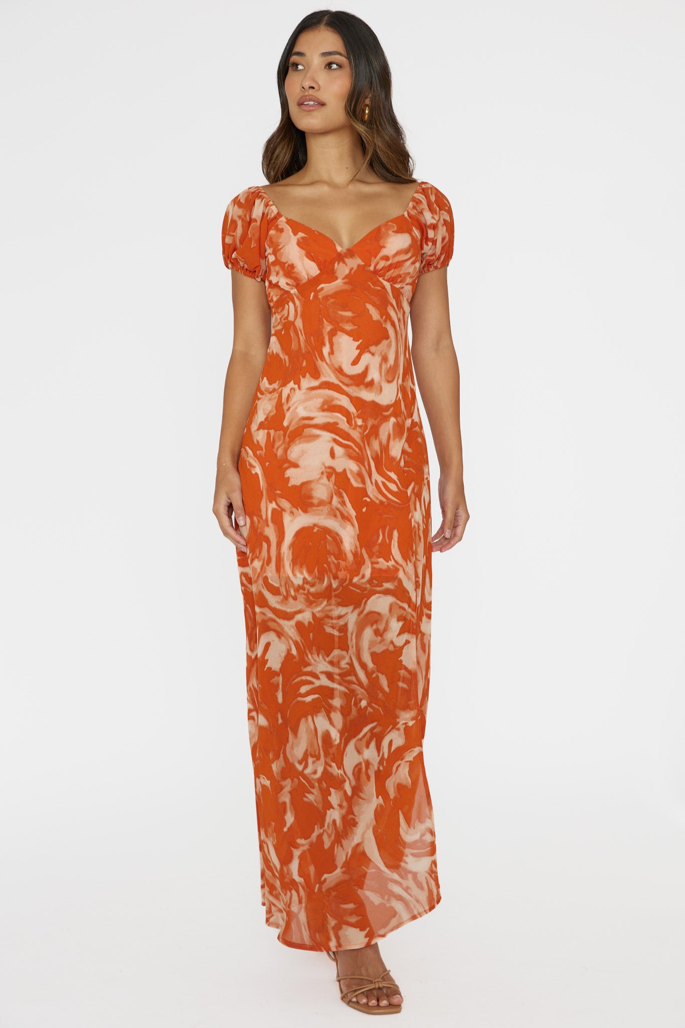 Park Avenue Puff Sleeve Midi Dress Print Orange by Selfie Leslie Australia