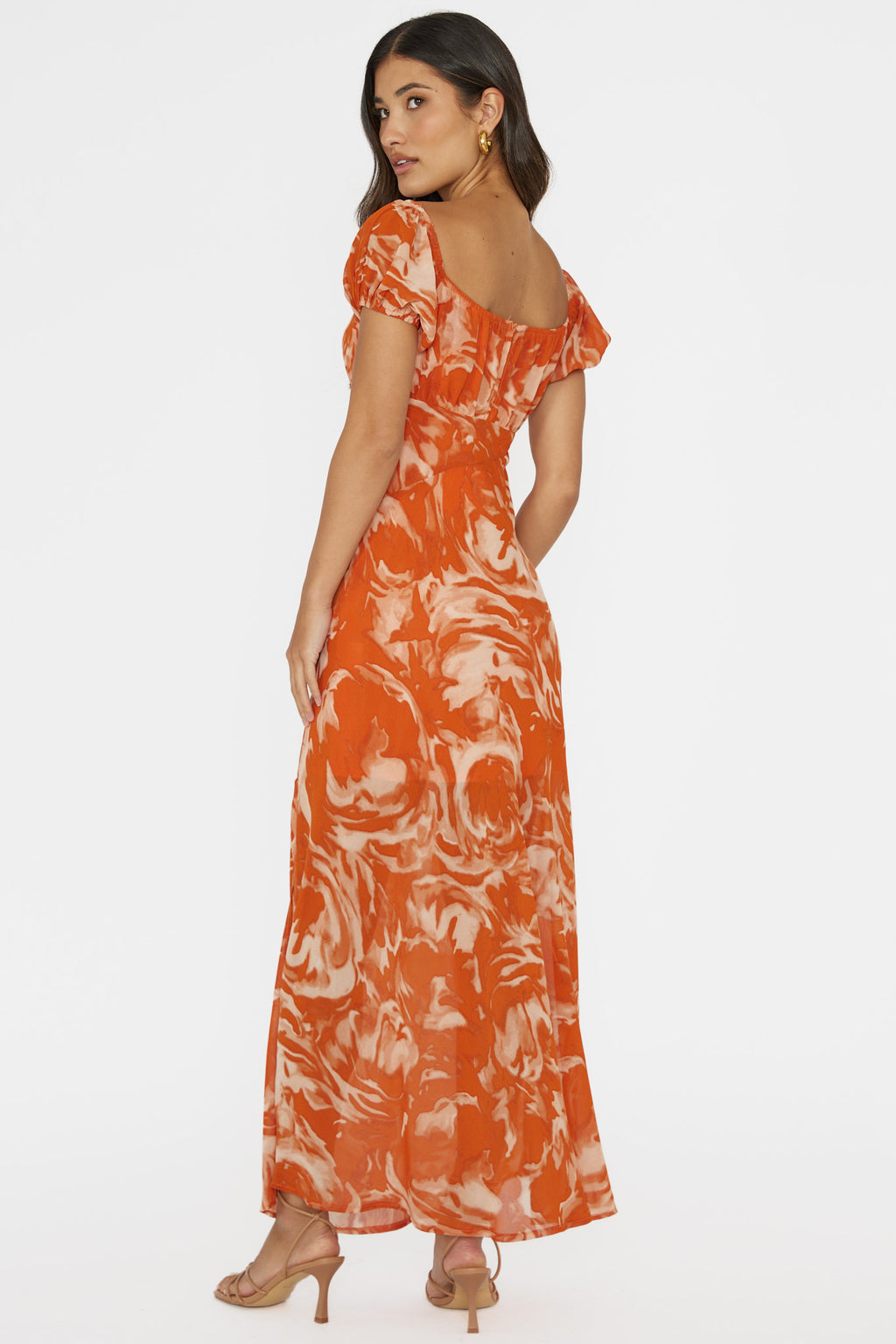 Park Avenue Puff Sleeve Midi Dress Print Orange by Selfie Leslie Australia