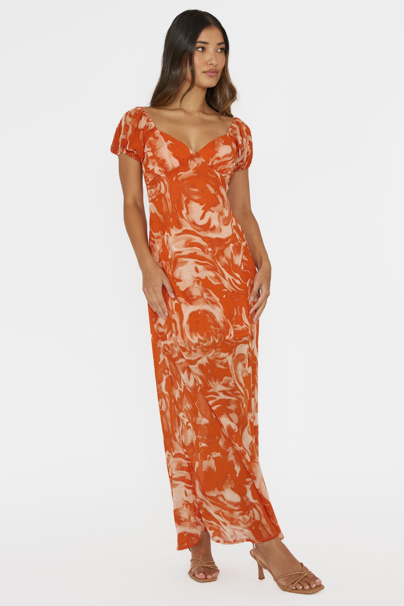 Park Avenue Puff Sleeve Midi Dress Print Orange by Selfie Leslie Australia