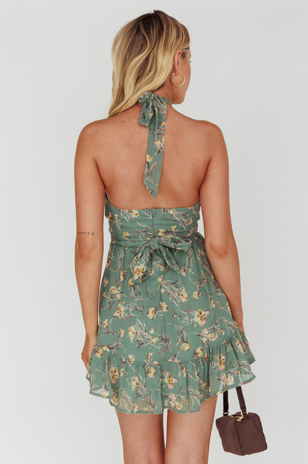 Chase Me Halterneck Mini Dress Floral Sage by Selfie Leslie Australia