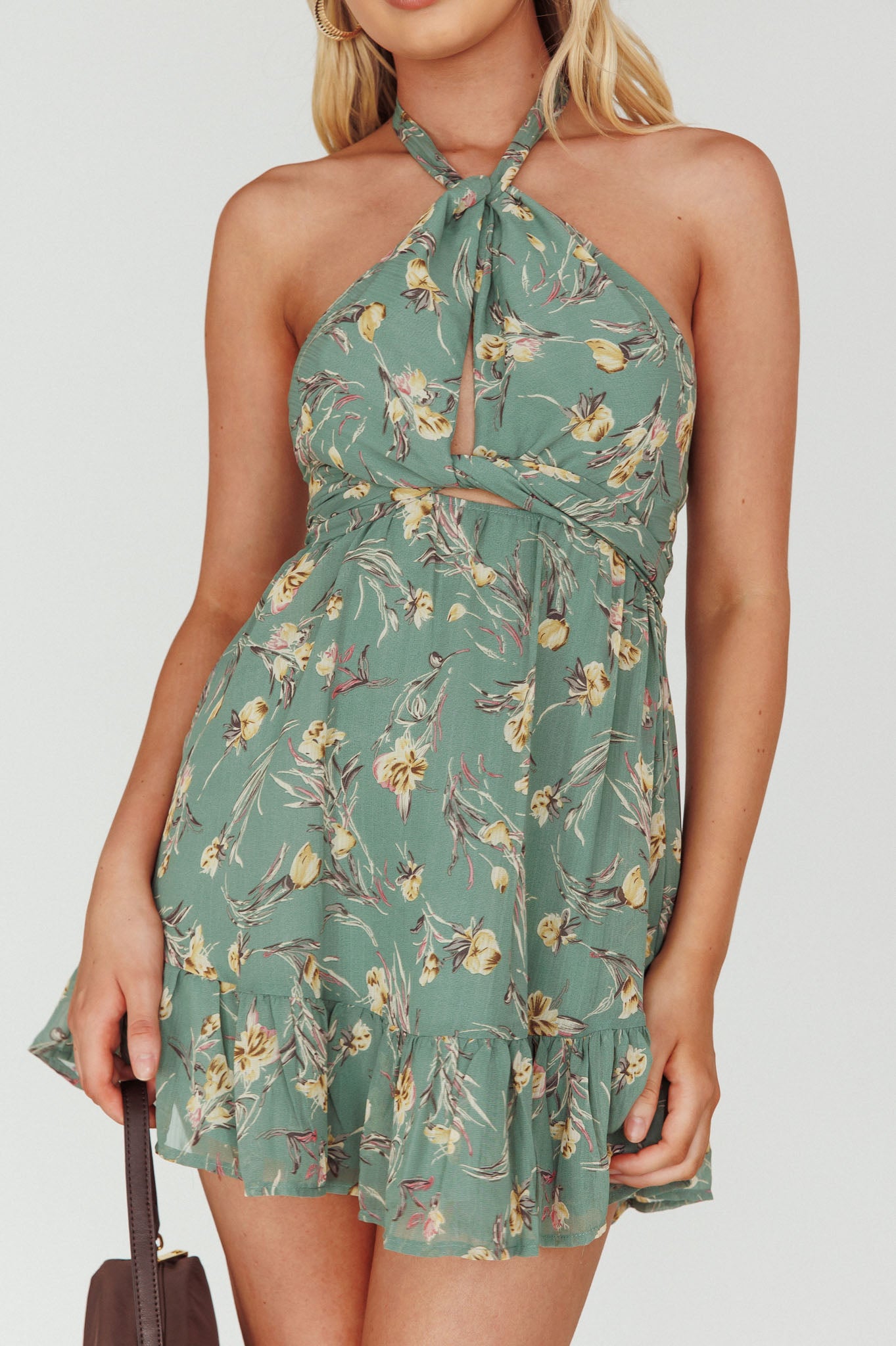 Chase Me Halterneck Mini Dress Floral Sage by Selfie Leslie Australia