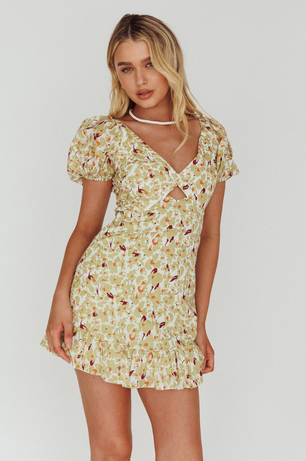 Connie Puff Sleeve Mini Dress Floral Olive by Selfie Leslie Australia