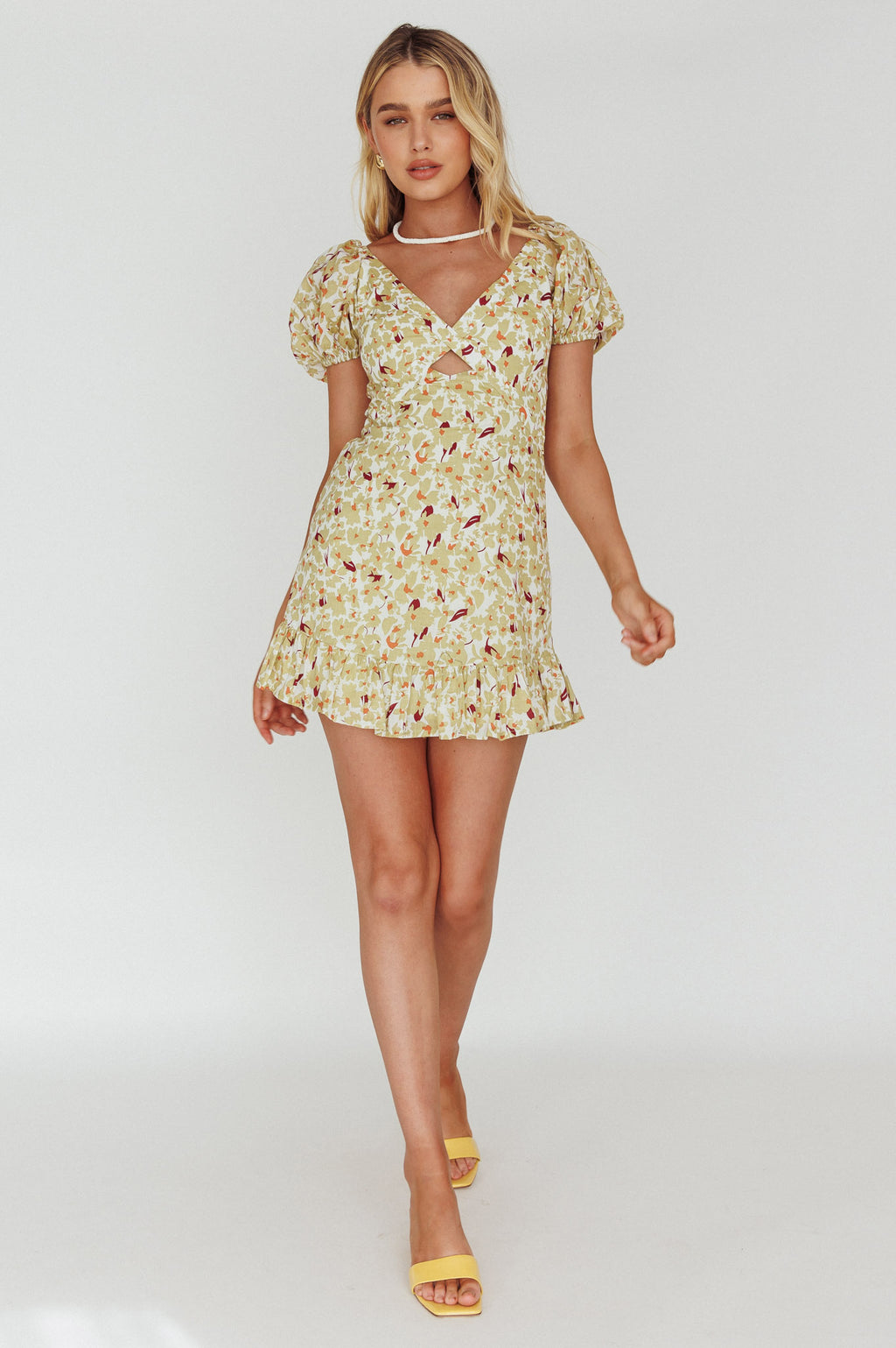 Connie Puff Sleeve Mini Dress Floral Olive by Selfie Leslie Australia