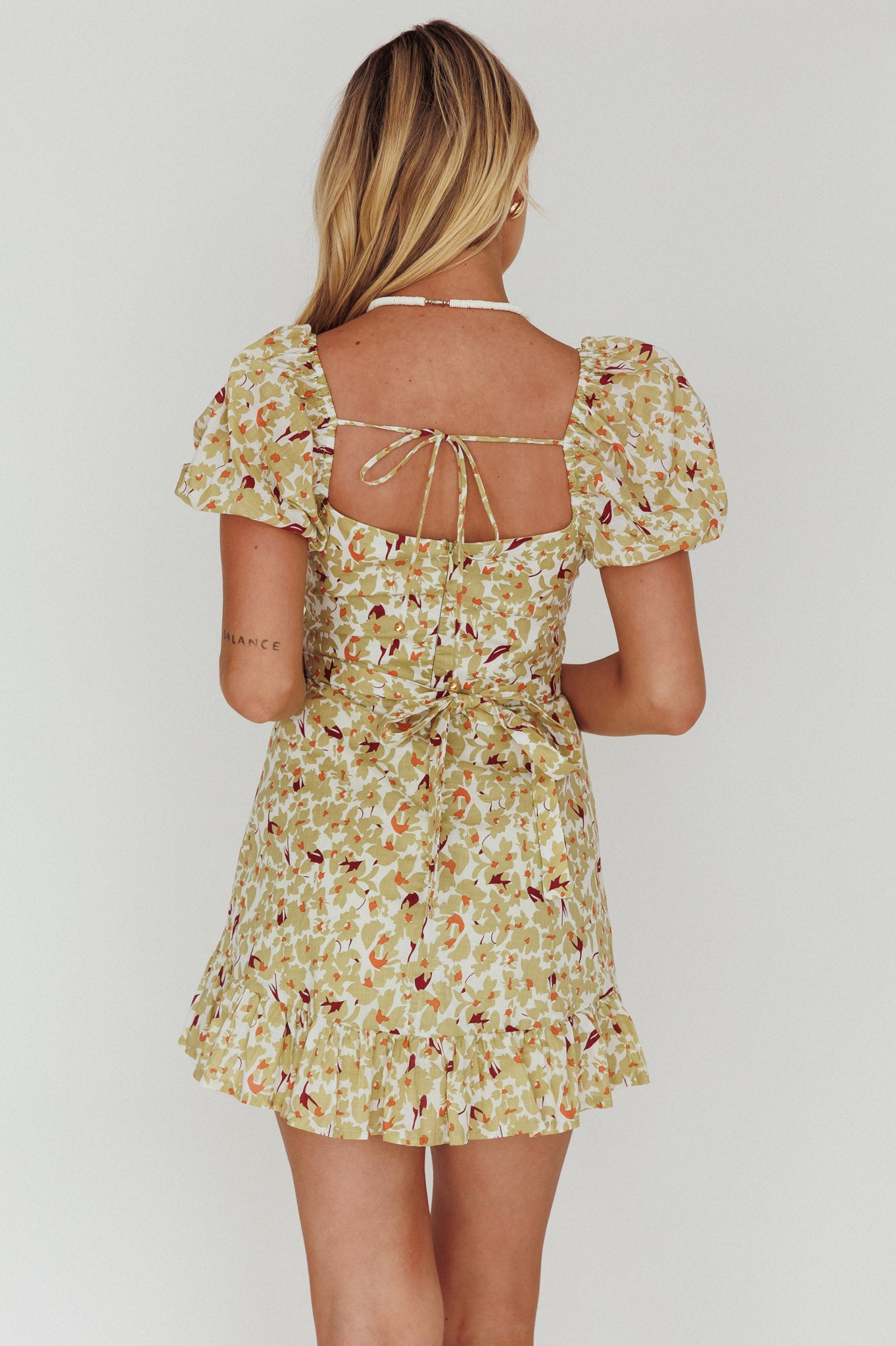 Connie Puff Sleeve Mini Dress Floral Olive by Selfie Leslie Australia
