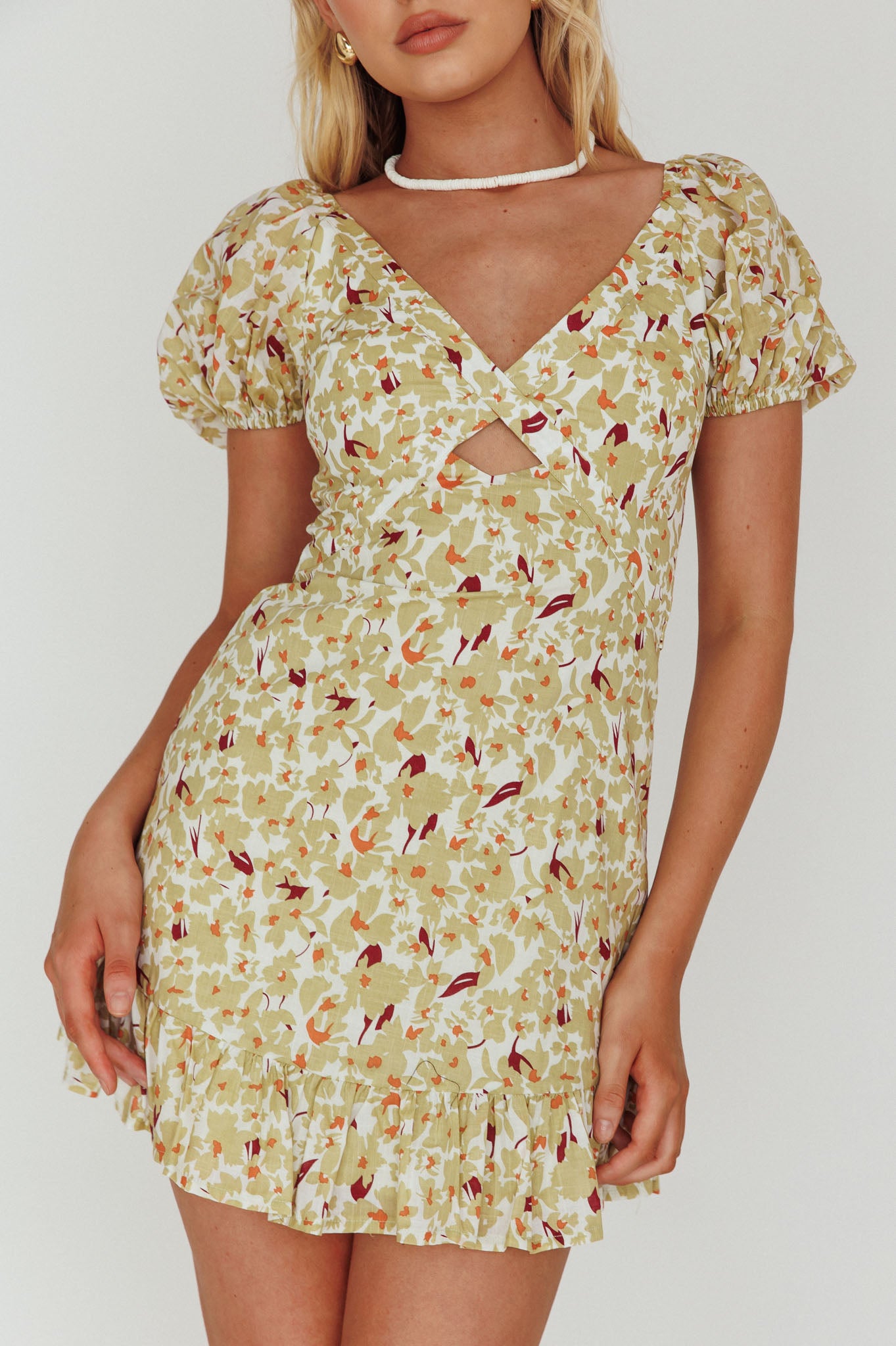 Connie Puff Sleeve Mini Dress Floral Olive by Selfie Leslie Australia