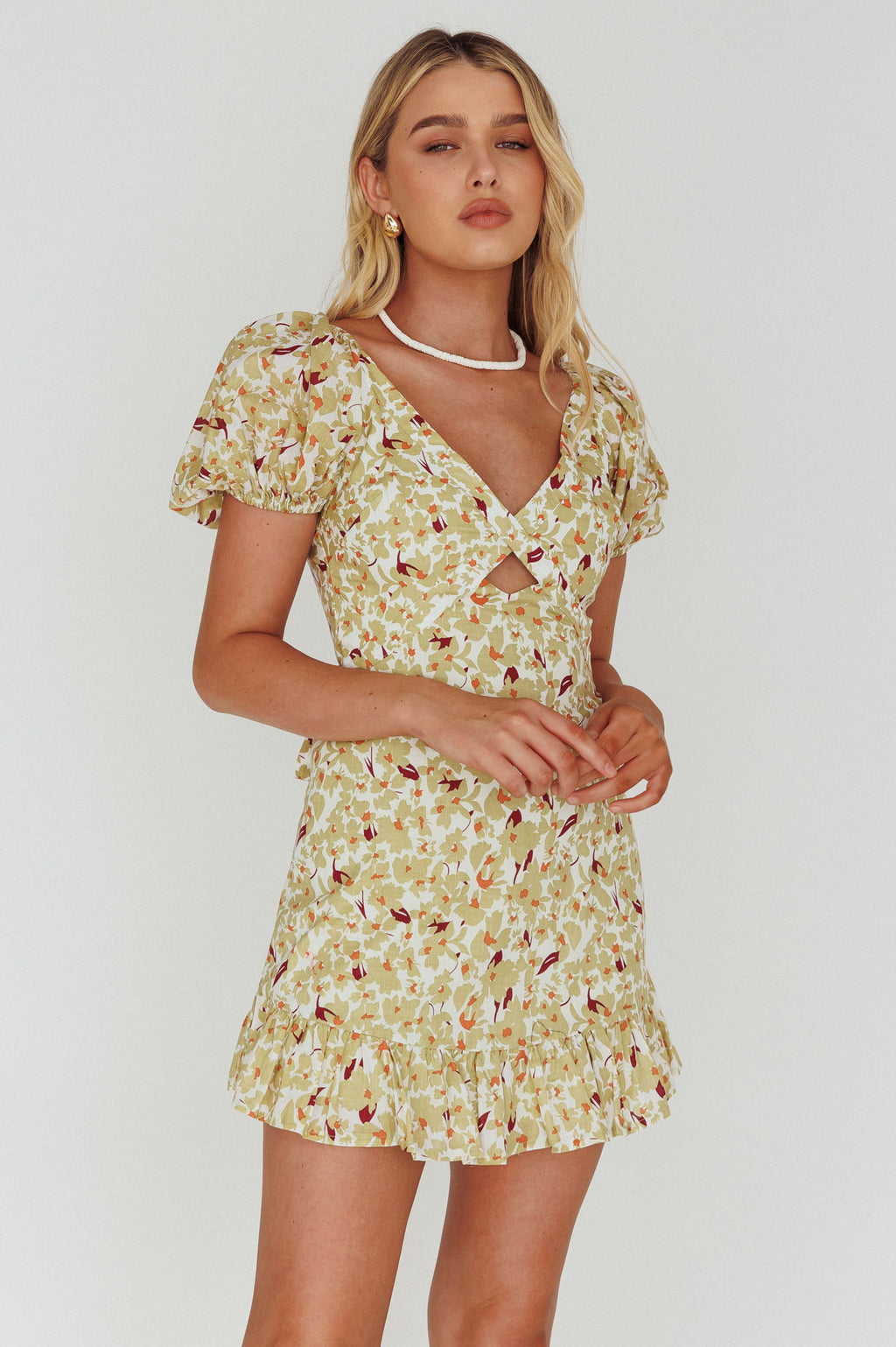 Connie Puff Sleeve Mini Dress Floral Olive by Selfie Leslie Australia