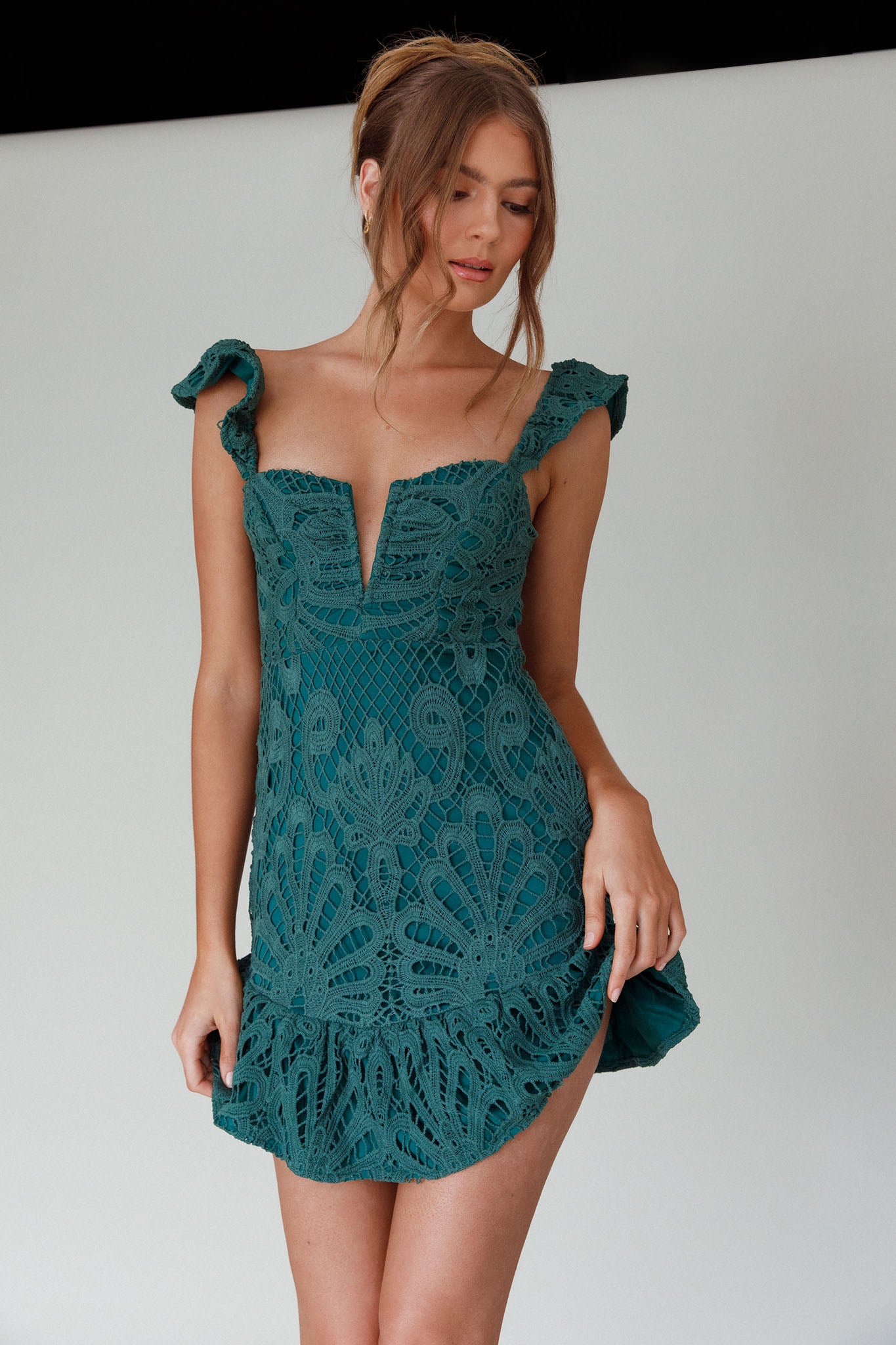 Mon Papillon Lace Mini Dress Forest Green by Selfie Leslie Australia
