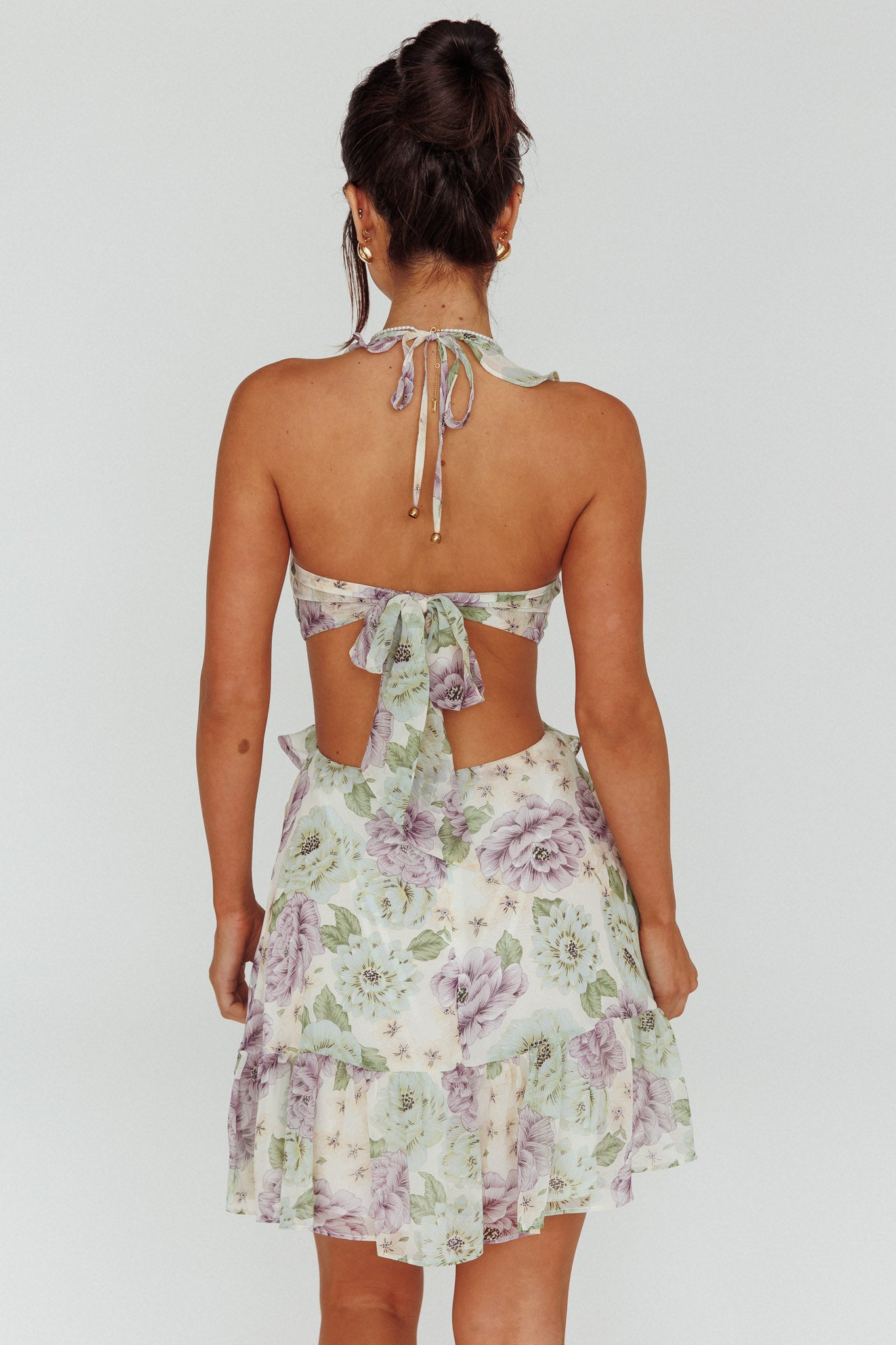 Violette Ruffle Strap Cut-Out Mini Dress Floral White by Selfie Leslie Australia