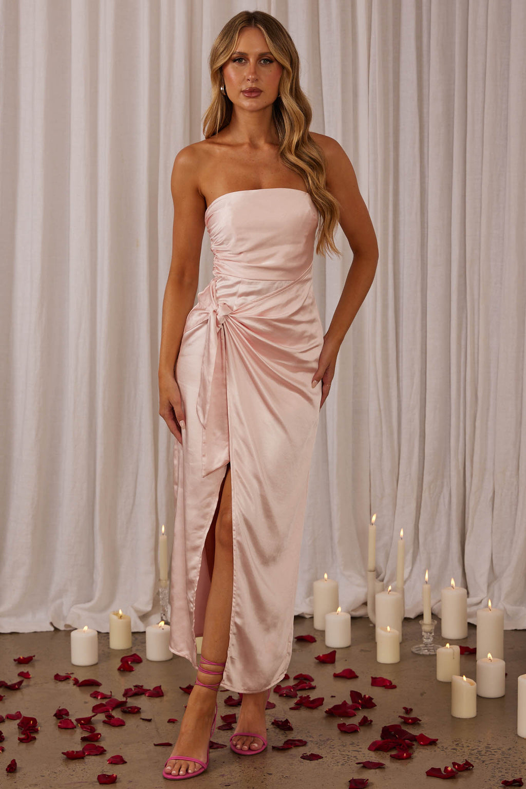 Gianna Strapless Waist Tie Midi Dress Blush by Selfie Leslie Australia