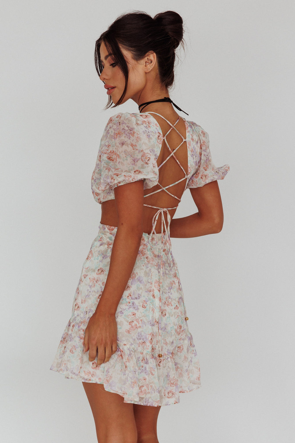 Graciele Laced Back Cut-Out Mini Dress Floral Blush by Selfie Leslie Australia