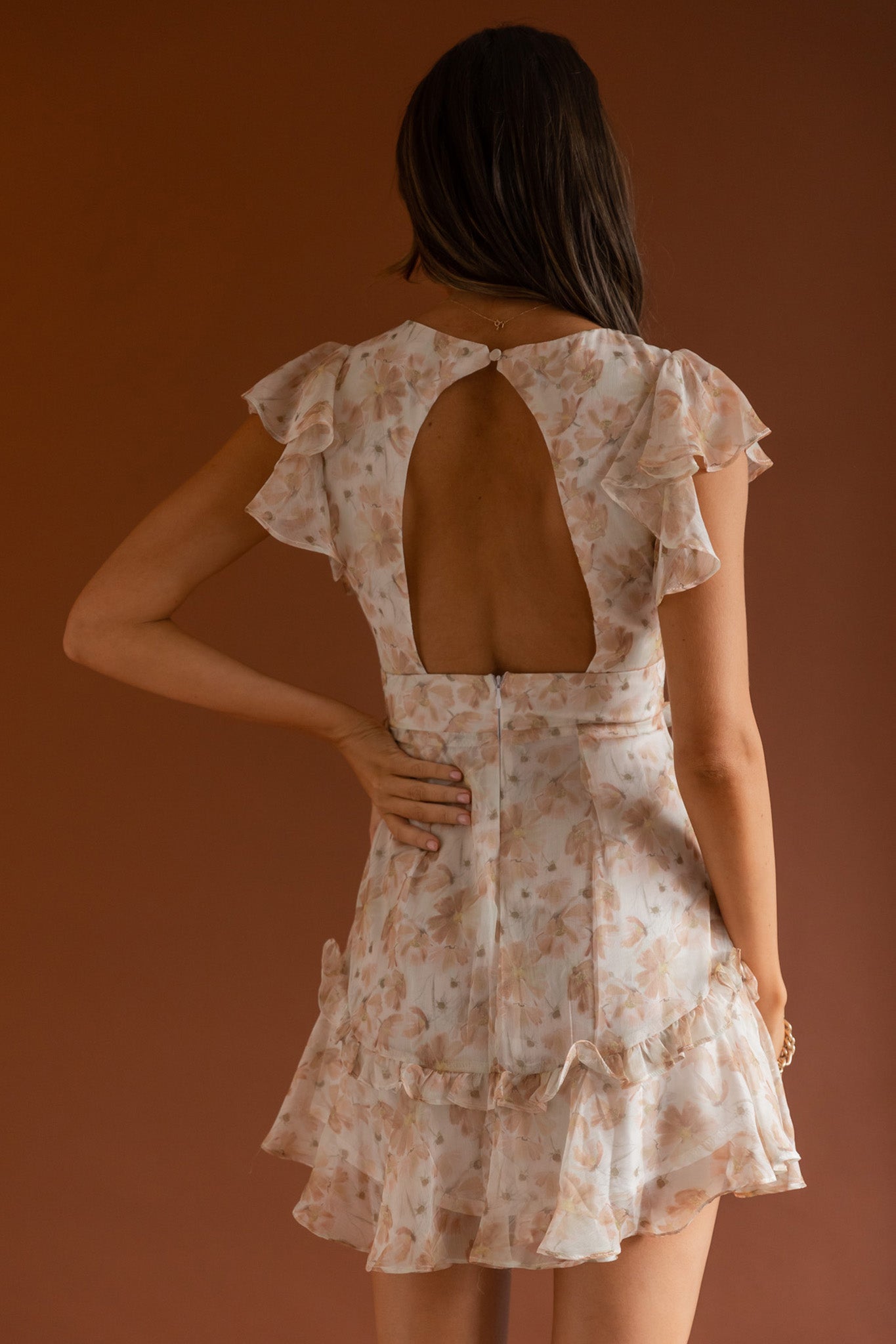 New Dawn Frill Shoulder Mini Dress Floral Mocha by Selfie Leslie Australia