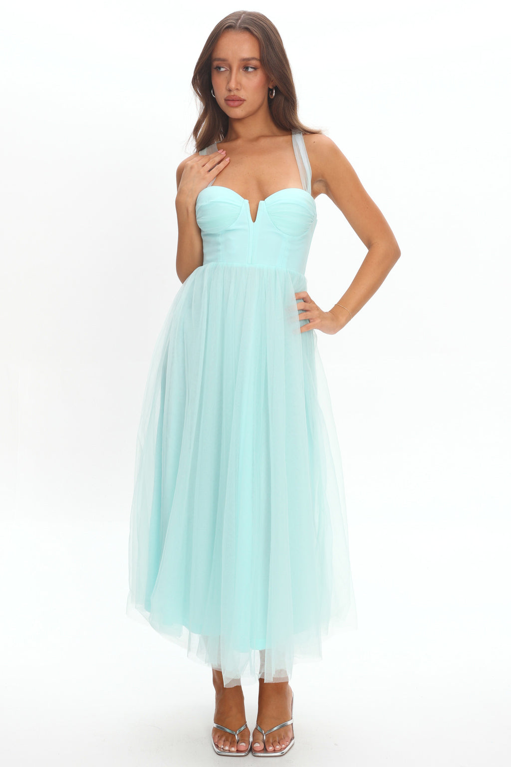 Surreal Lace-Up Back Tulle Midi Dress Mint by Selfie Leslie Australia