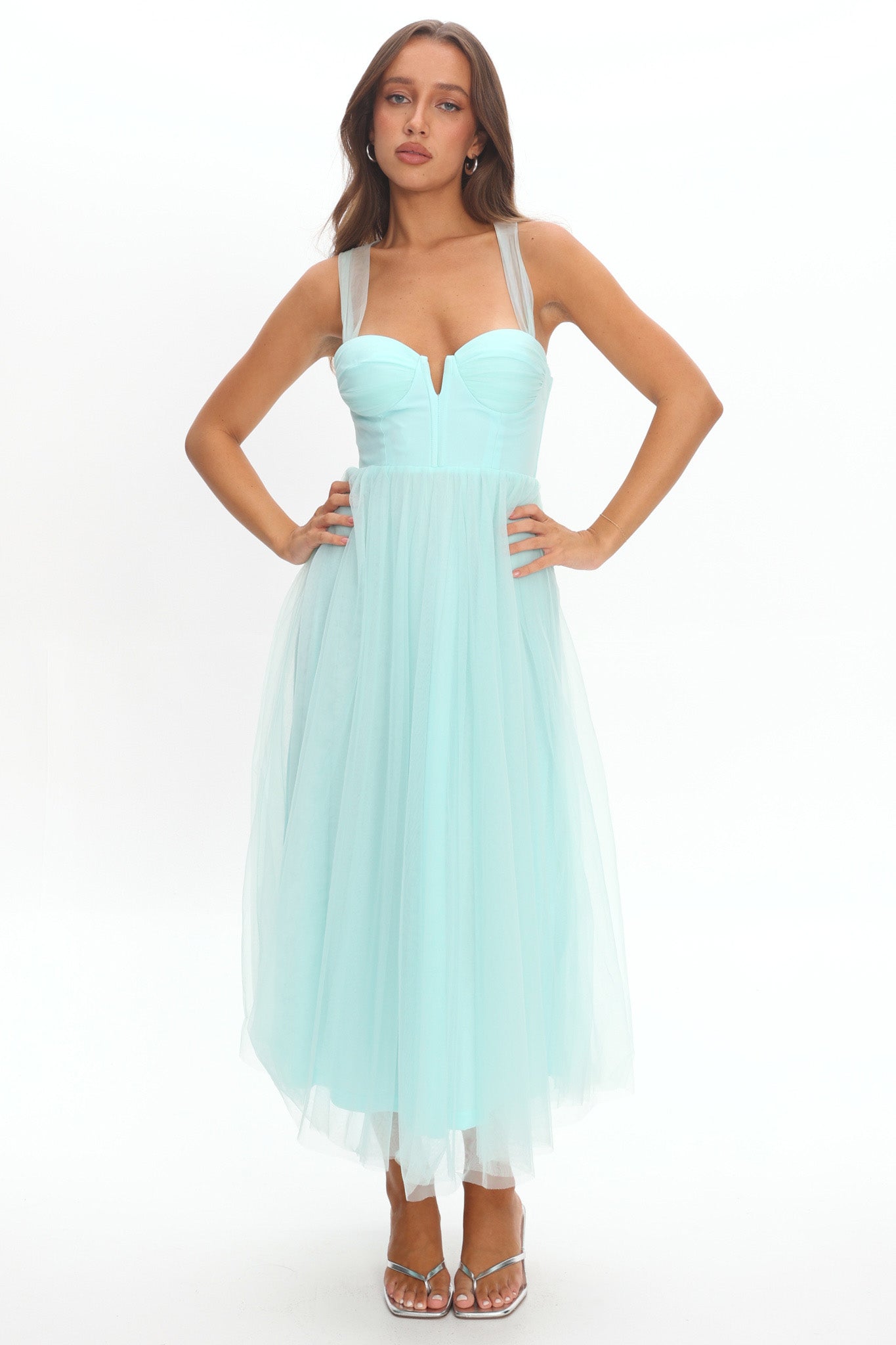 Surreal Lace-Up Back Tulle Midi Dress Mint by Selfie Leslie Australia