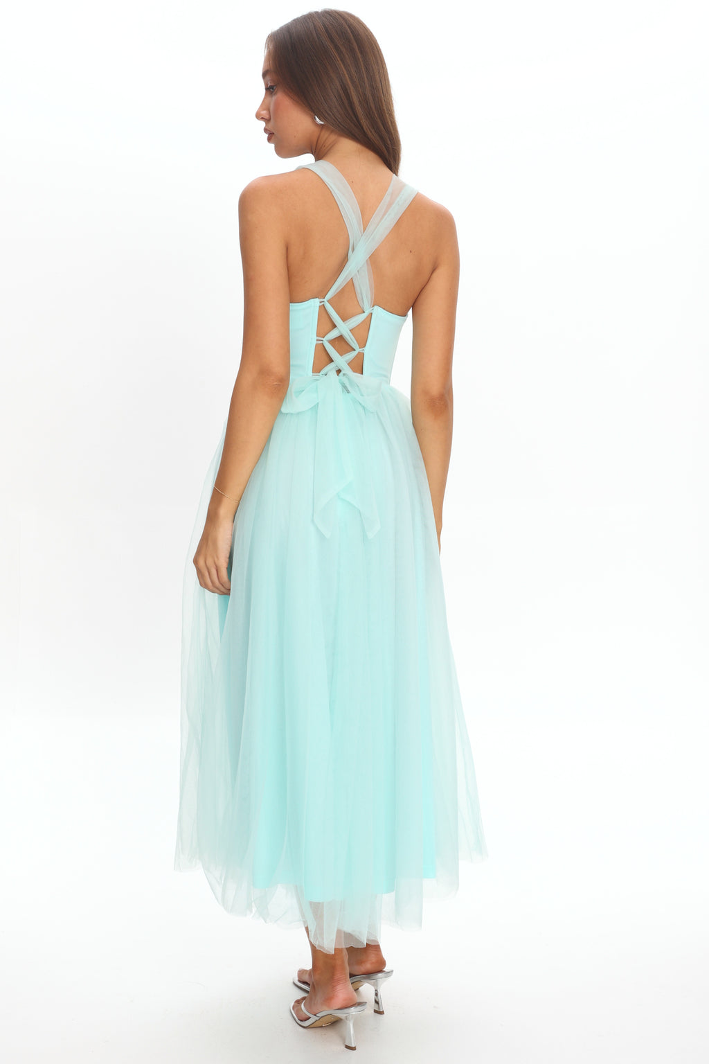 Surreal Lace-Up Back Tulle Midi Dress Mint by Selfie Leslie Australia