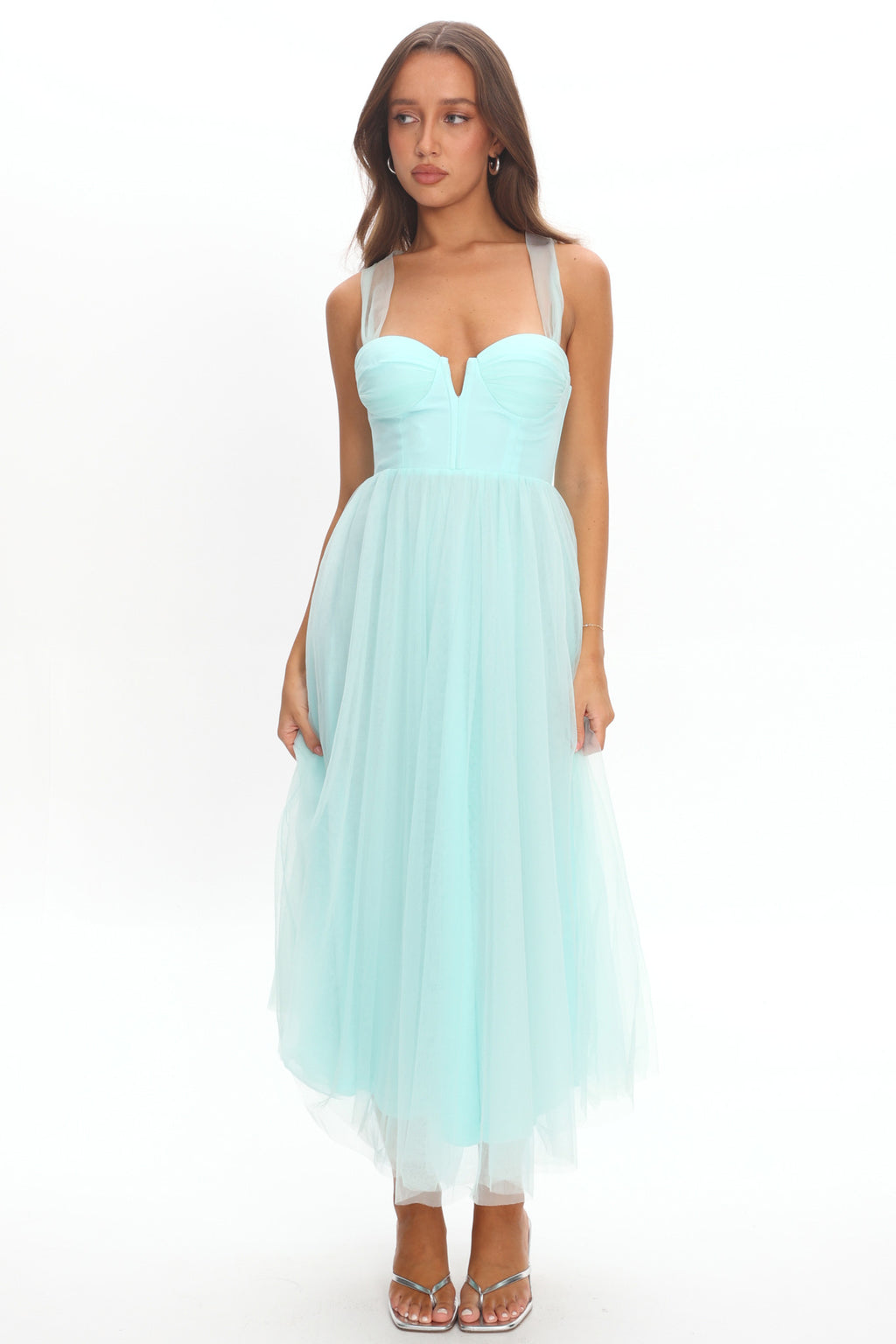 Surreal Lace-Up Back Tulle Midi Dress Mint by Selfie Leslie Australia