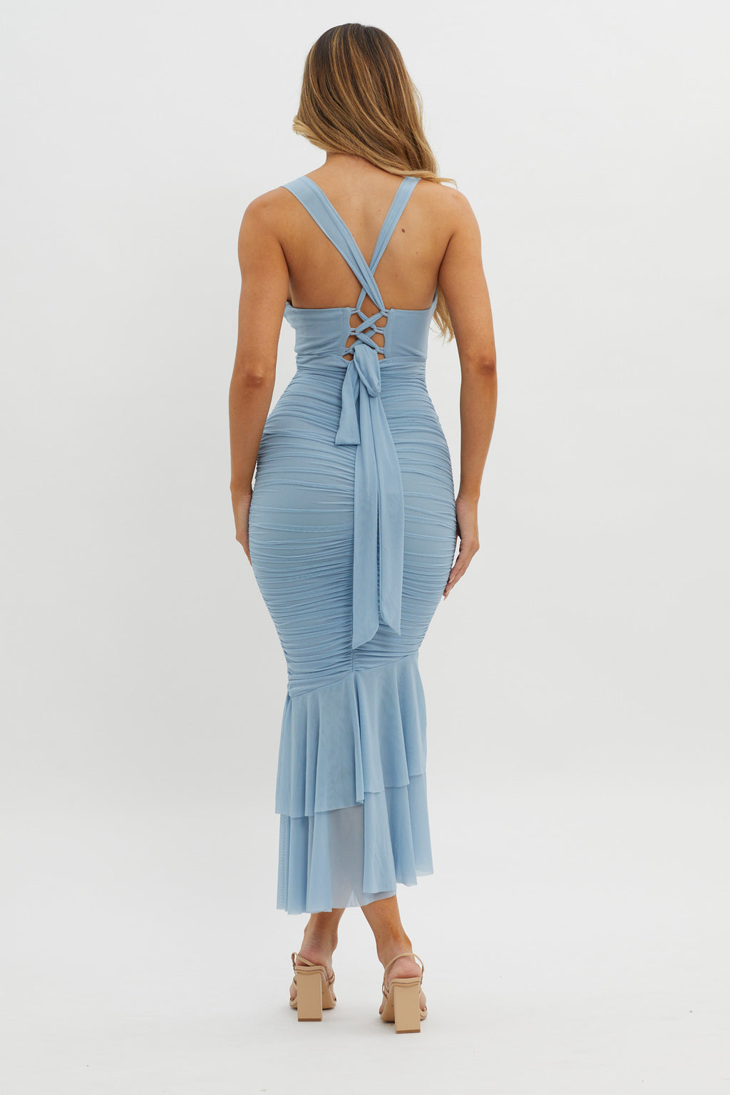 Surreal Lace-Up Back Ruched Midi Dress Blue by Selfie Leslie Australia