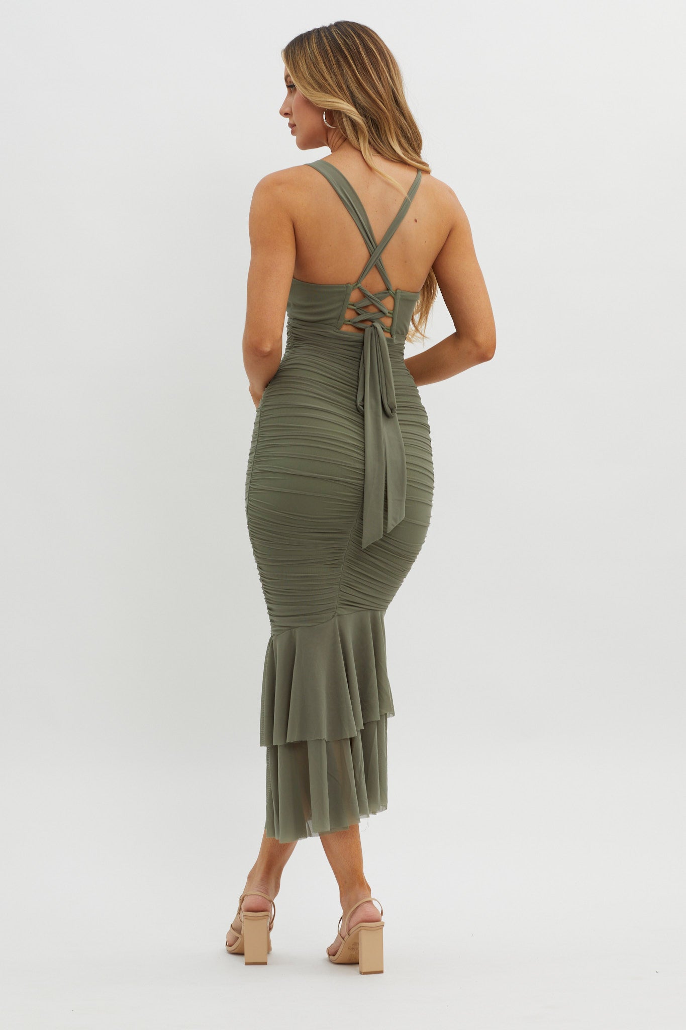 Surreal Lace-Up Back Ruched Midi Dress Olive by Selfie Leslie Australia