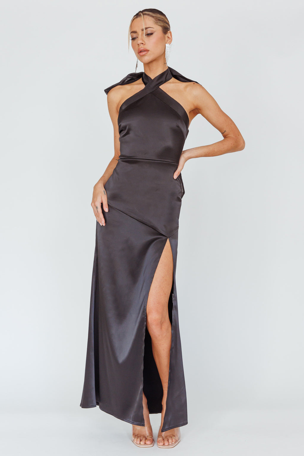 Andria Halterneck Bow Satin Maxi Dress Black by Selfie Leslie Australia