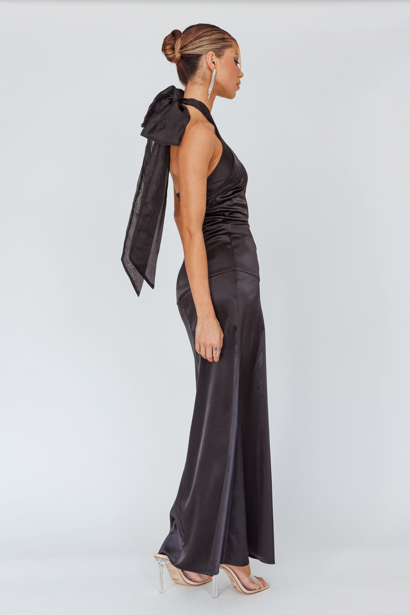 Andria Halterneck Bow Satin Maxi Dress Black by Selfie Leslie Australia