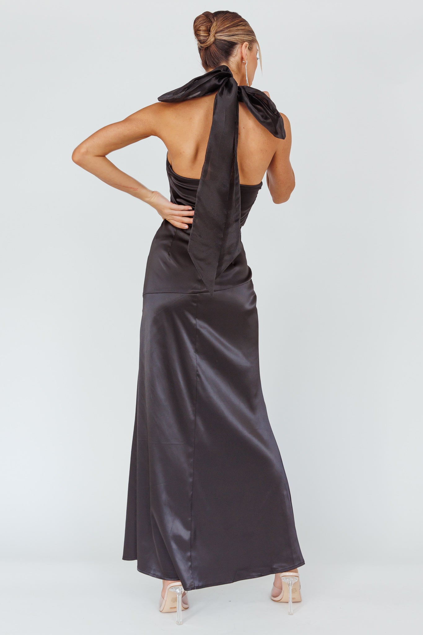 Andria Halterneck Bow Satin Maxi Dress Black by Selfie Leslie Australia