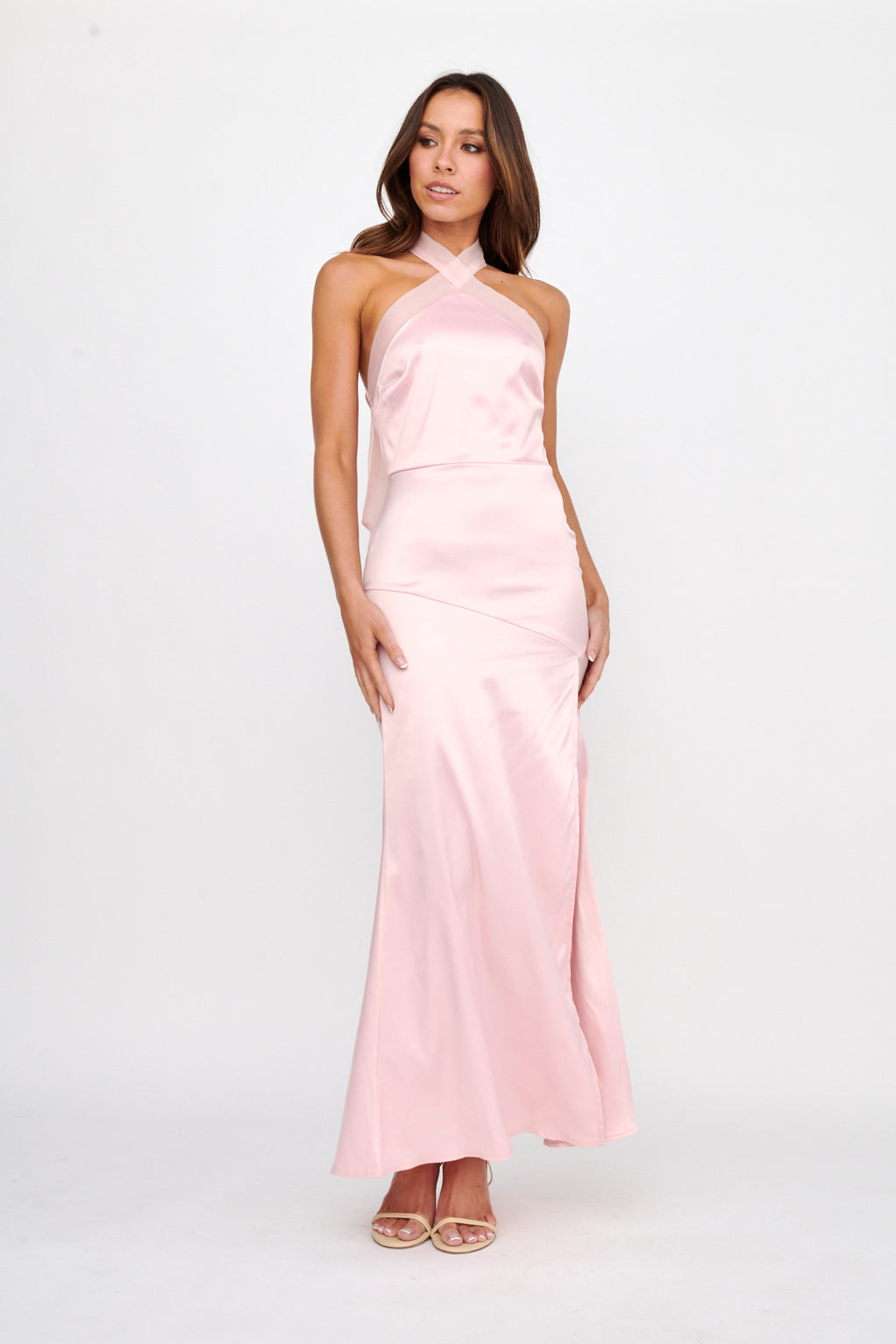 Andria Halterneck Bow Satin Maxi Dress Blush by Selfie Leslie Australia