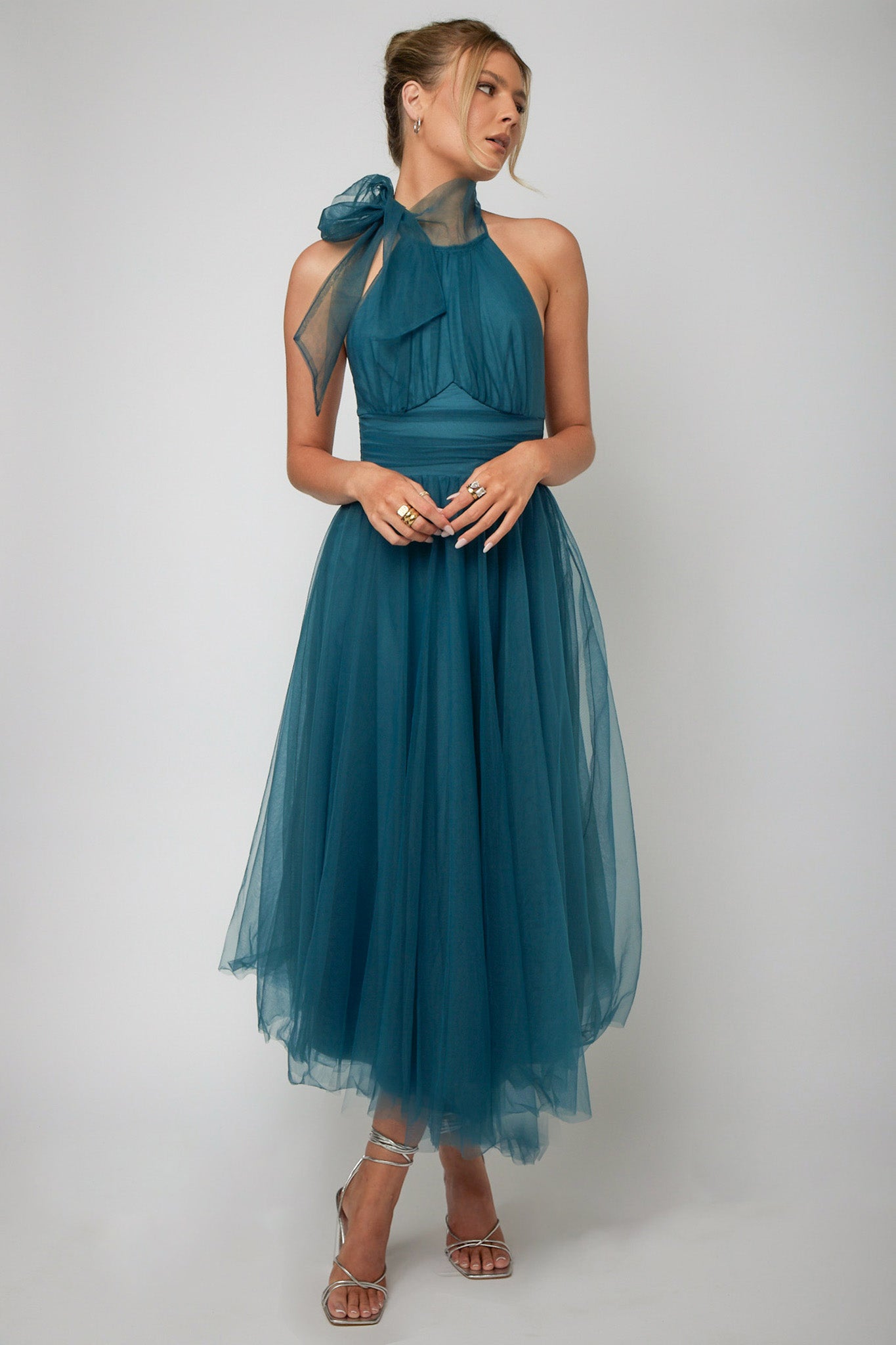 Andria Halterneck Tulle Midi Dress Teal by Selfie Leslie Australia