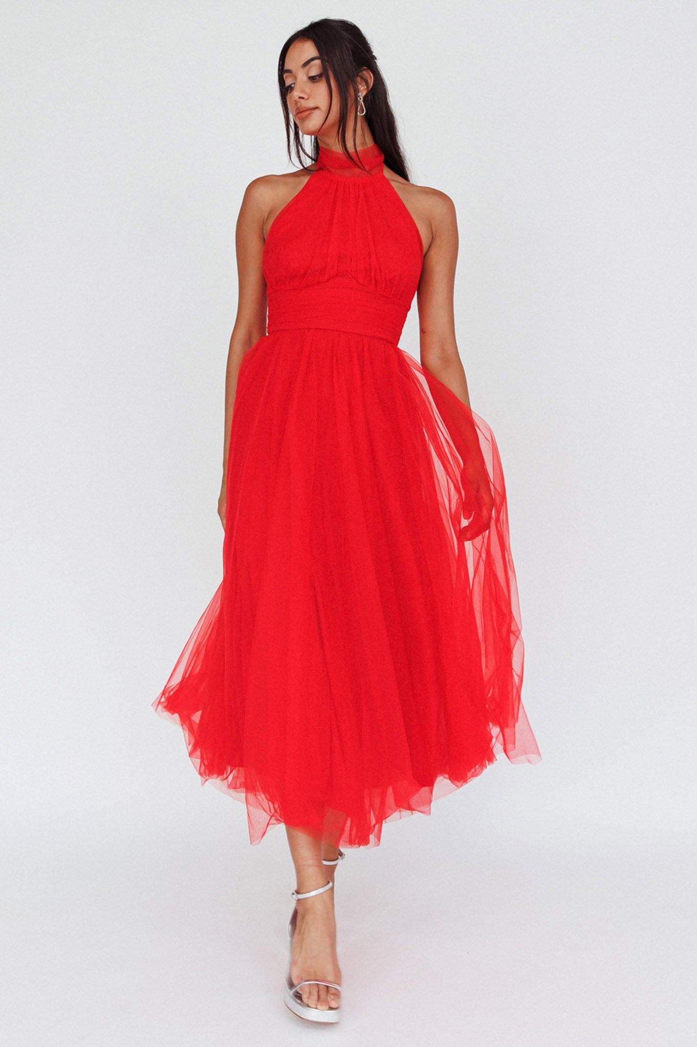 Andria Halterneck Tulle Midi Dress Red by Selfie Leslie Australia