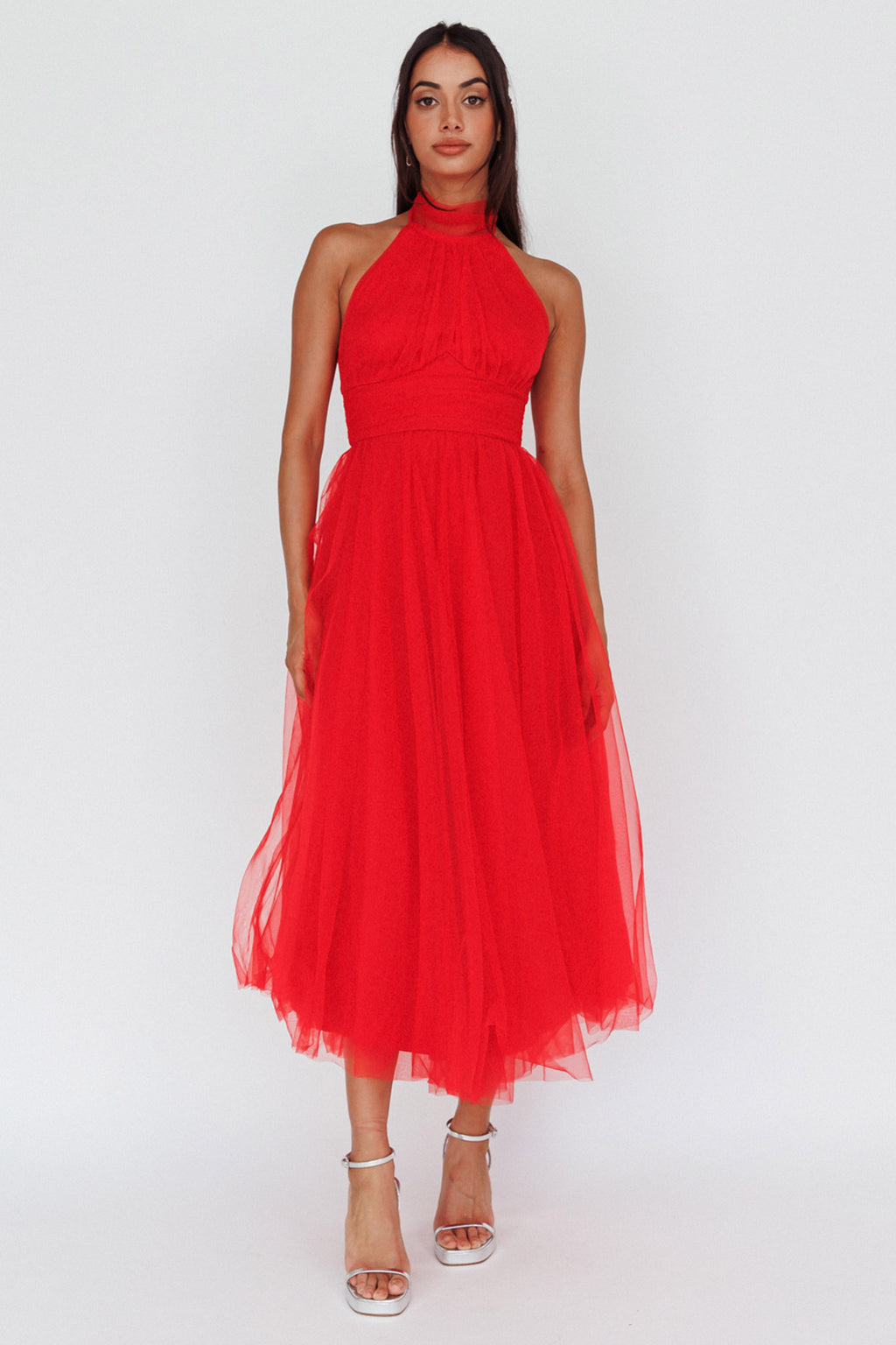 Andria Halterneck Tulle Midi Dress Red by Selfie Leslie Australia