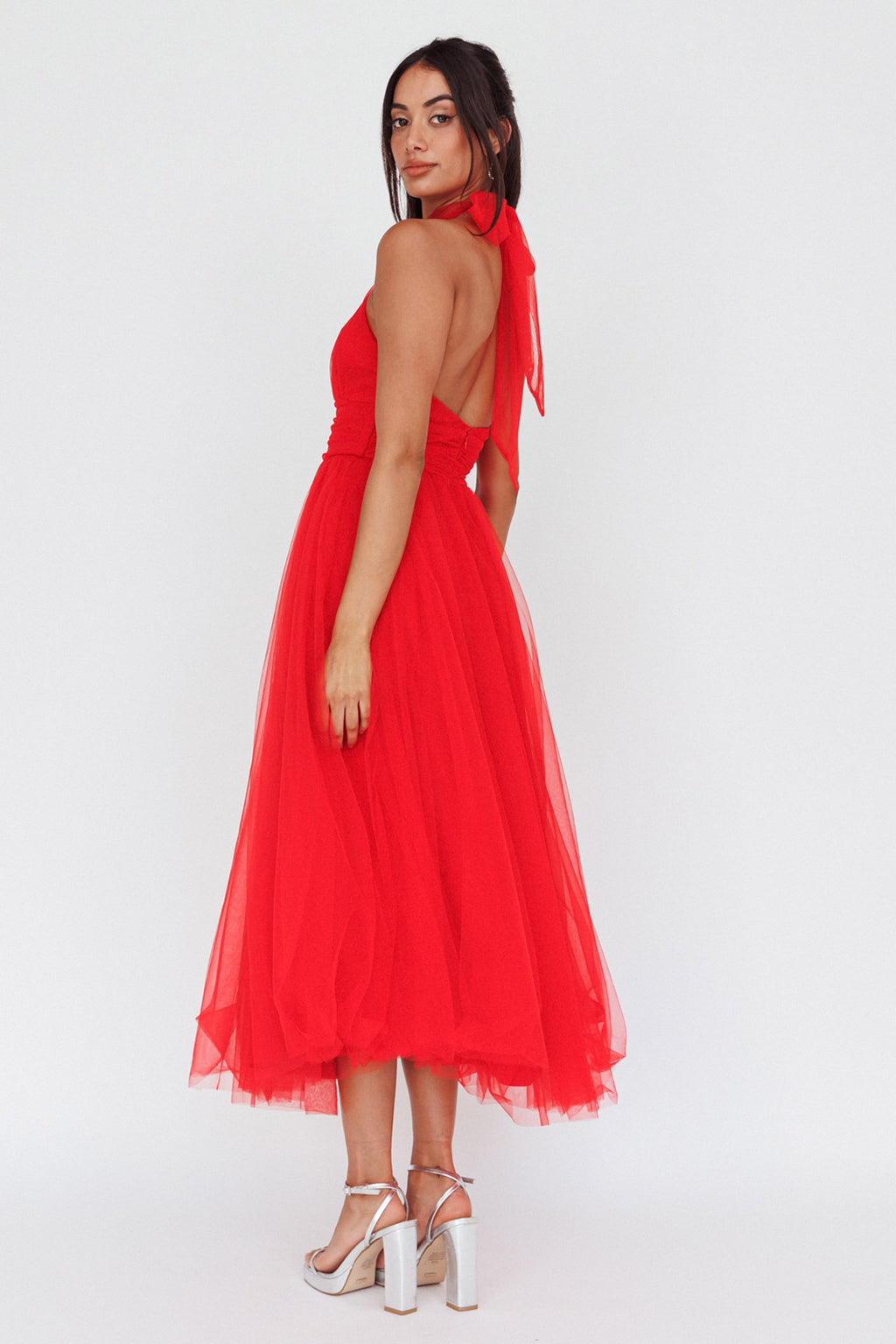 Andria Halterneck Tulle Midi Dress Red by Selfie Leslie Australia