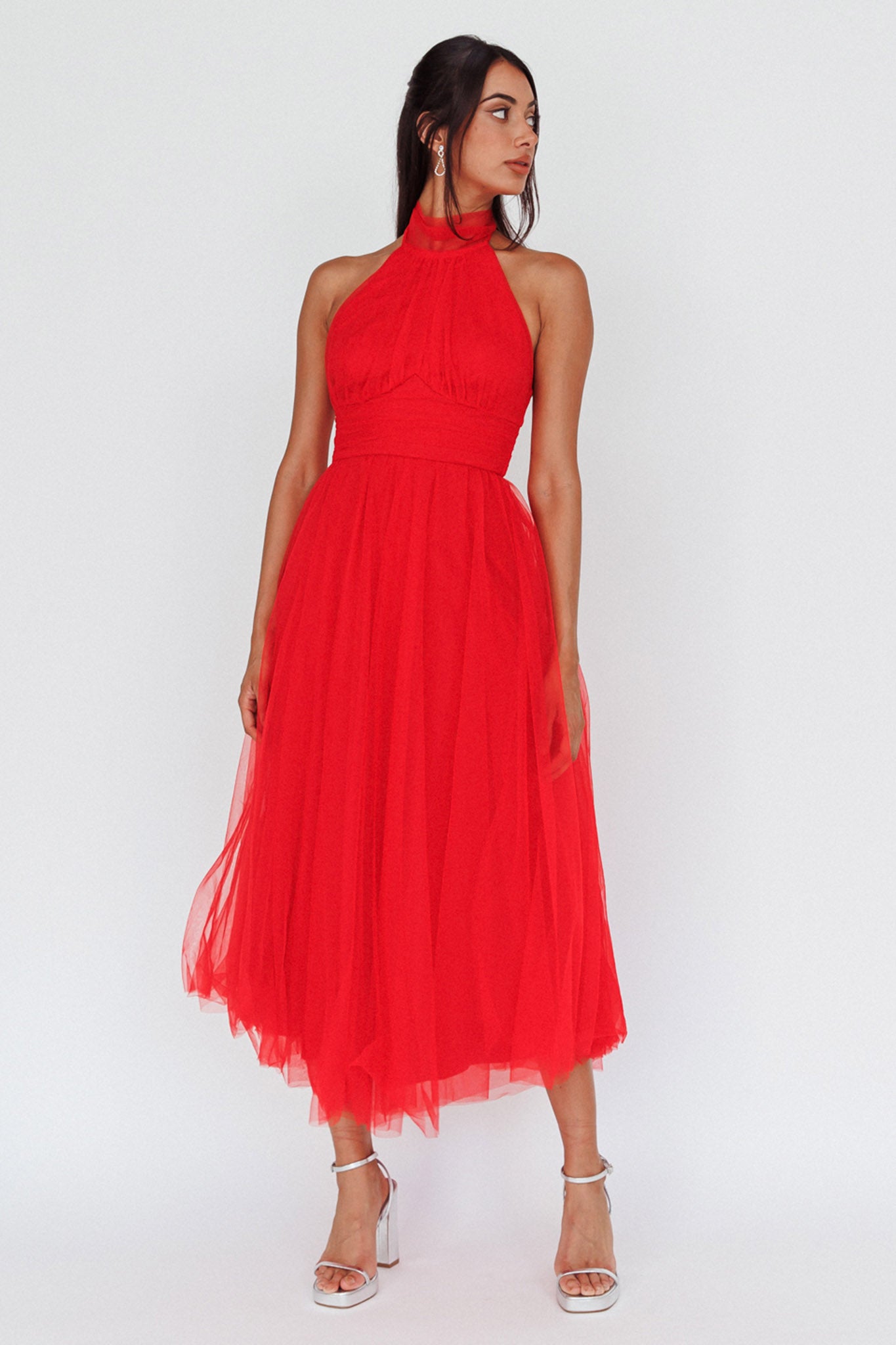 Andria Halterneck Tulle Midi Dress Red by Selfie Leslie Australia