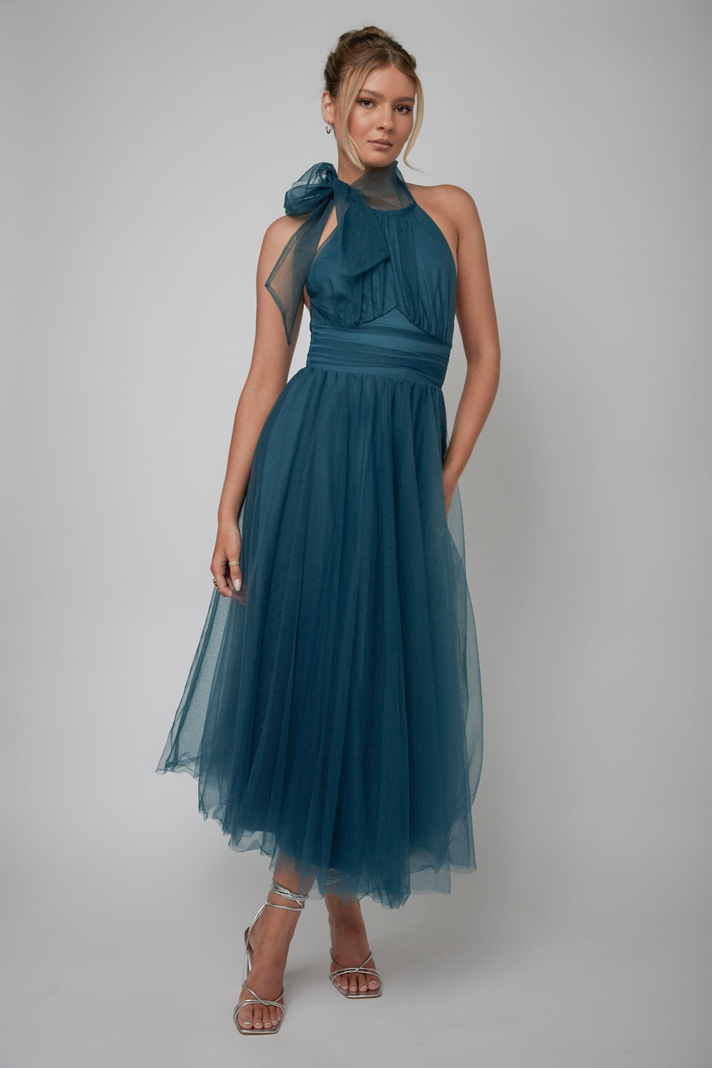 Andria Halterneck Tulle Midi Dress Teal by Selfie Leslie Australia