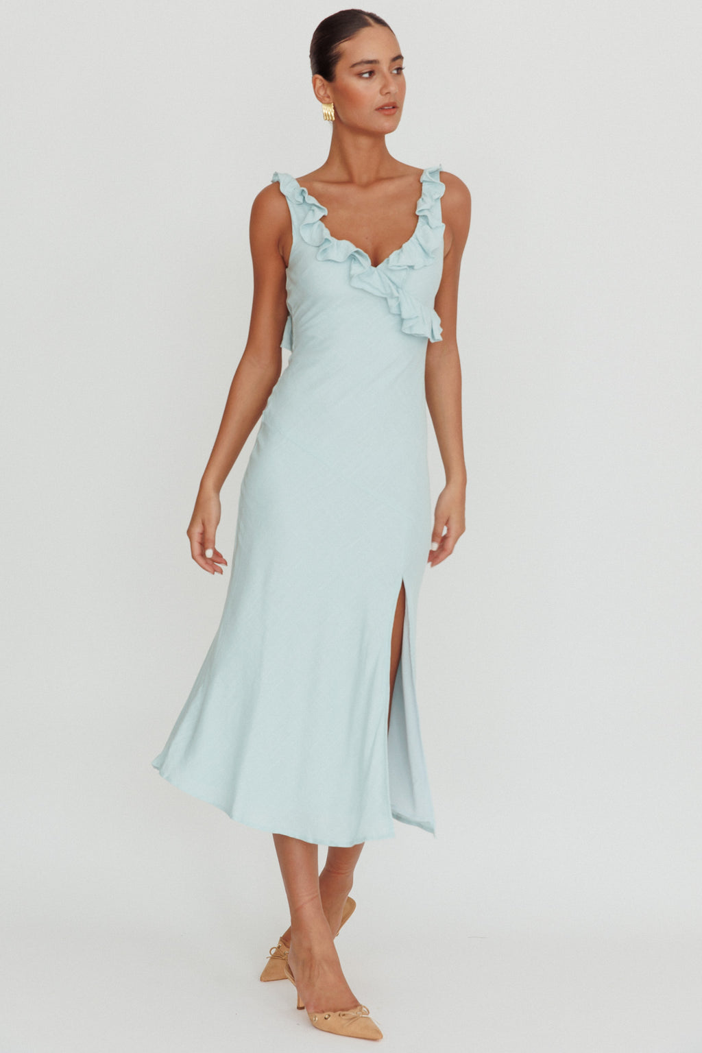 Alba Frill Trim Midi Dress Baby Blue by Selfie Leslie Australia