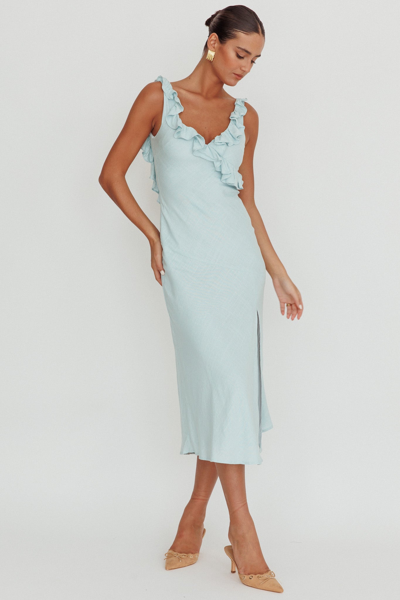 Alba Frill Trim Midi Dress Baby Blue by Selfie Leslie Australia