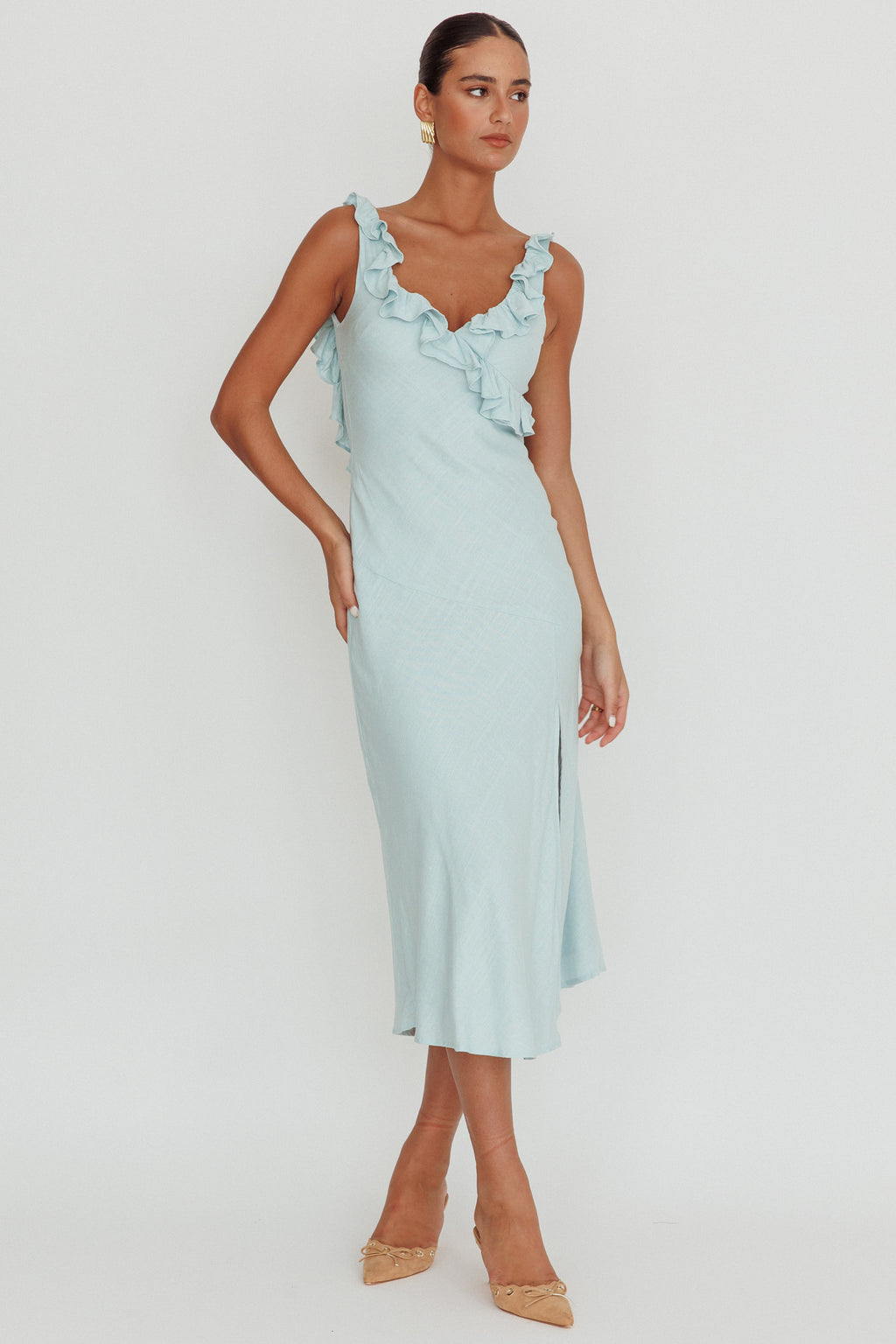 Alba Frill Trim Midi Dress Baby Blue by Selfie Leslie Australia