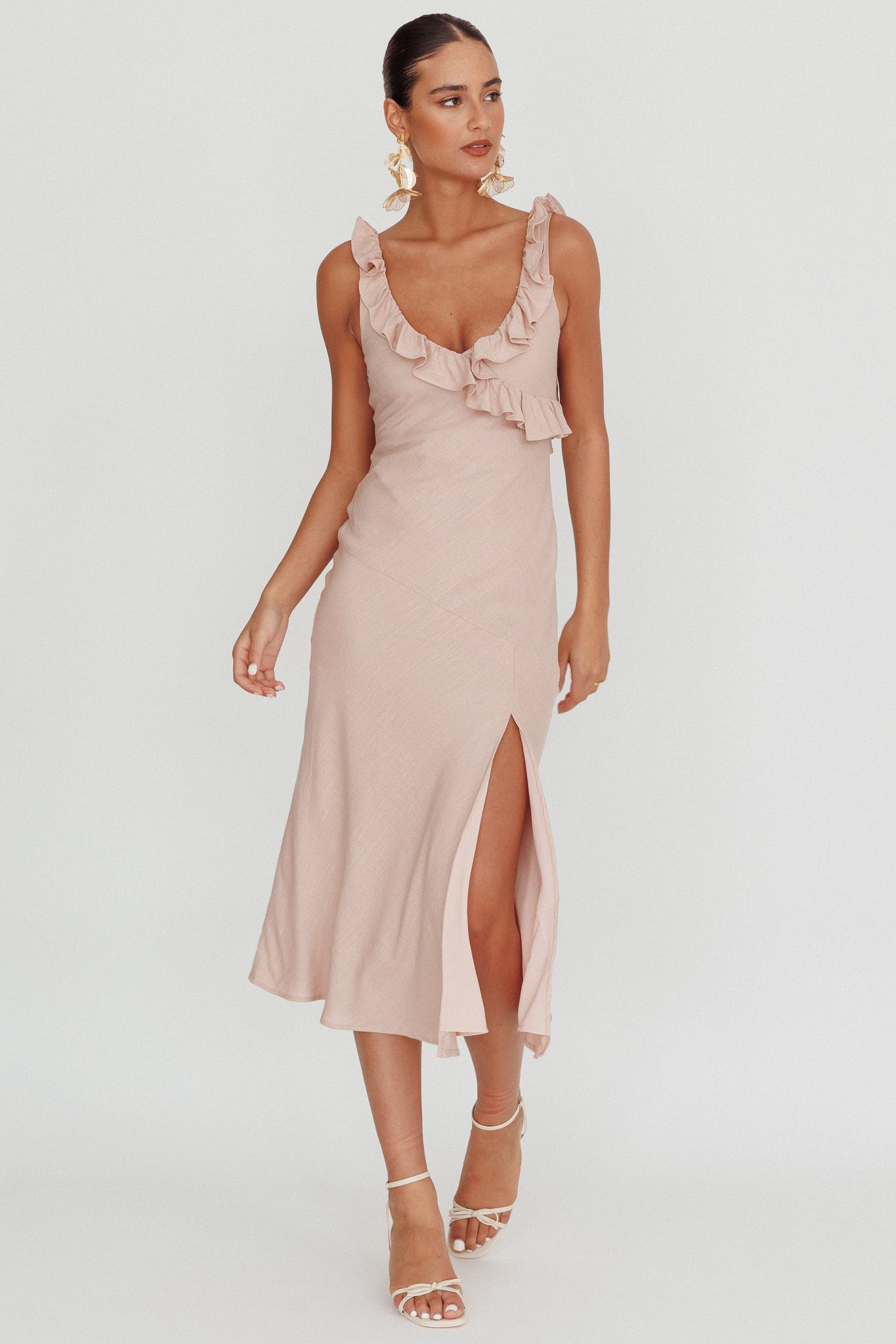 Alba Frill Trim Midi Dress Baby Blush by Selfie Leslie Australia