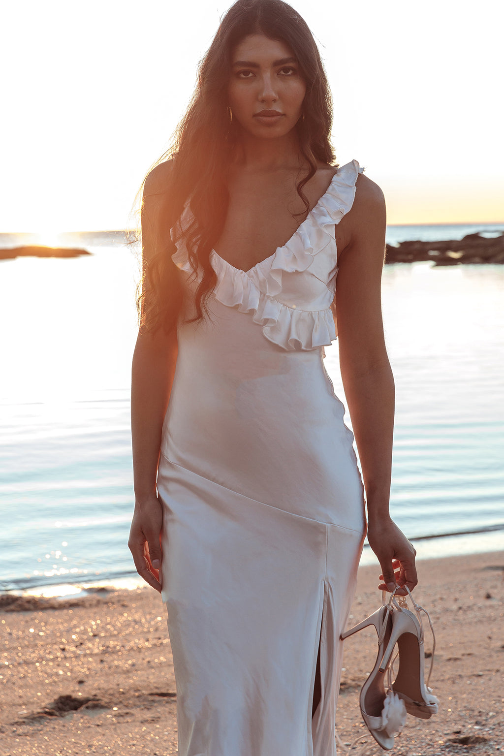 Alba Frill Trim Maxi Dress White by Selfie Leslie Australia