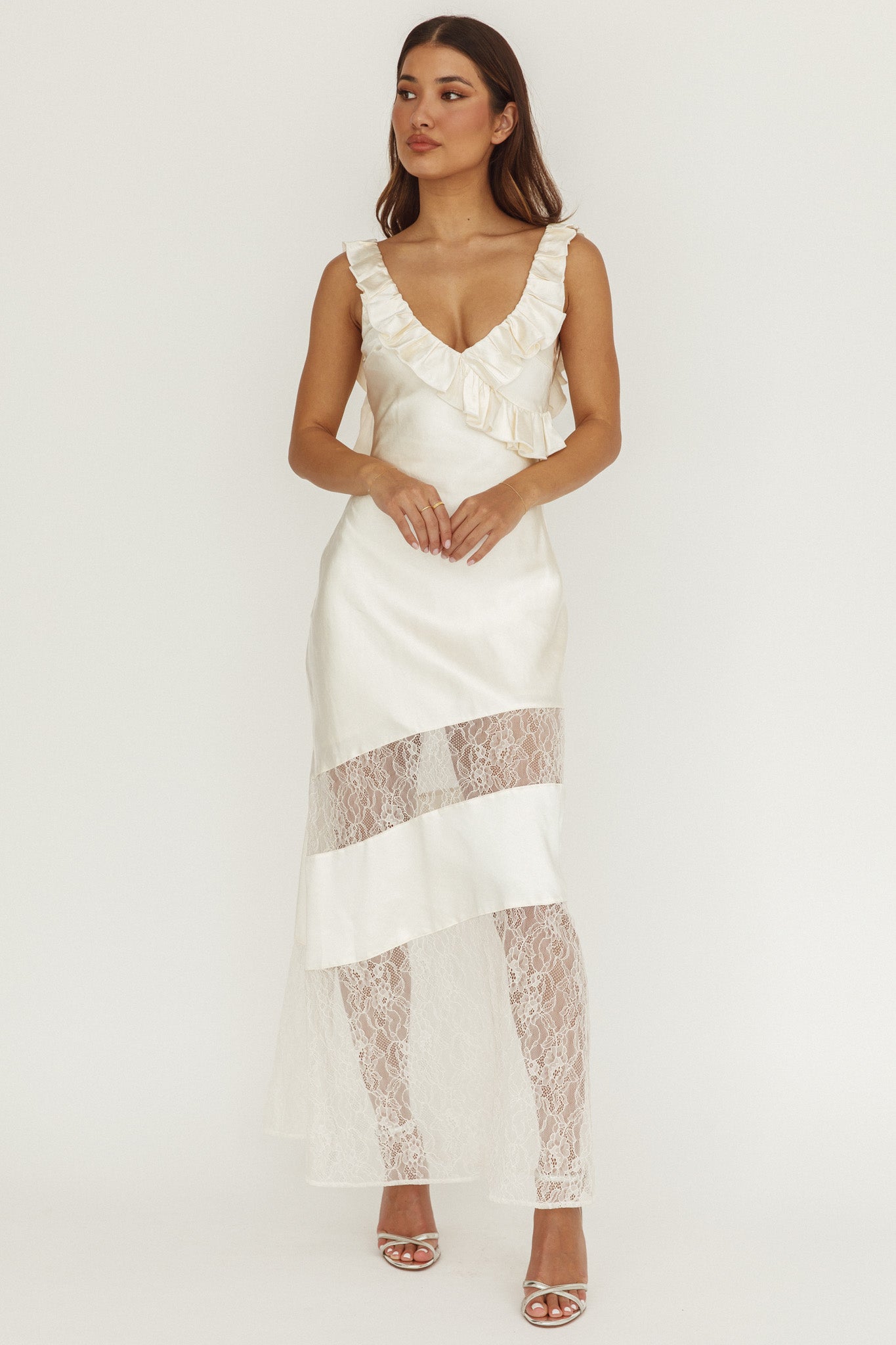 Alba Frill & Lace Trim Maxi Dress Oyster by Selfie Leslie Australia