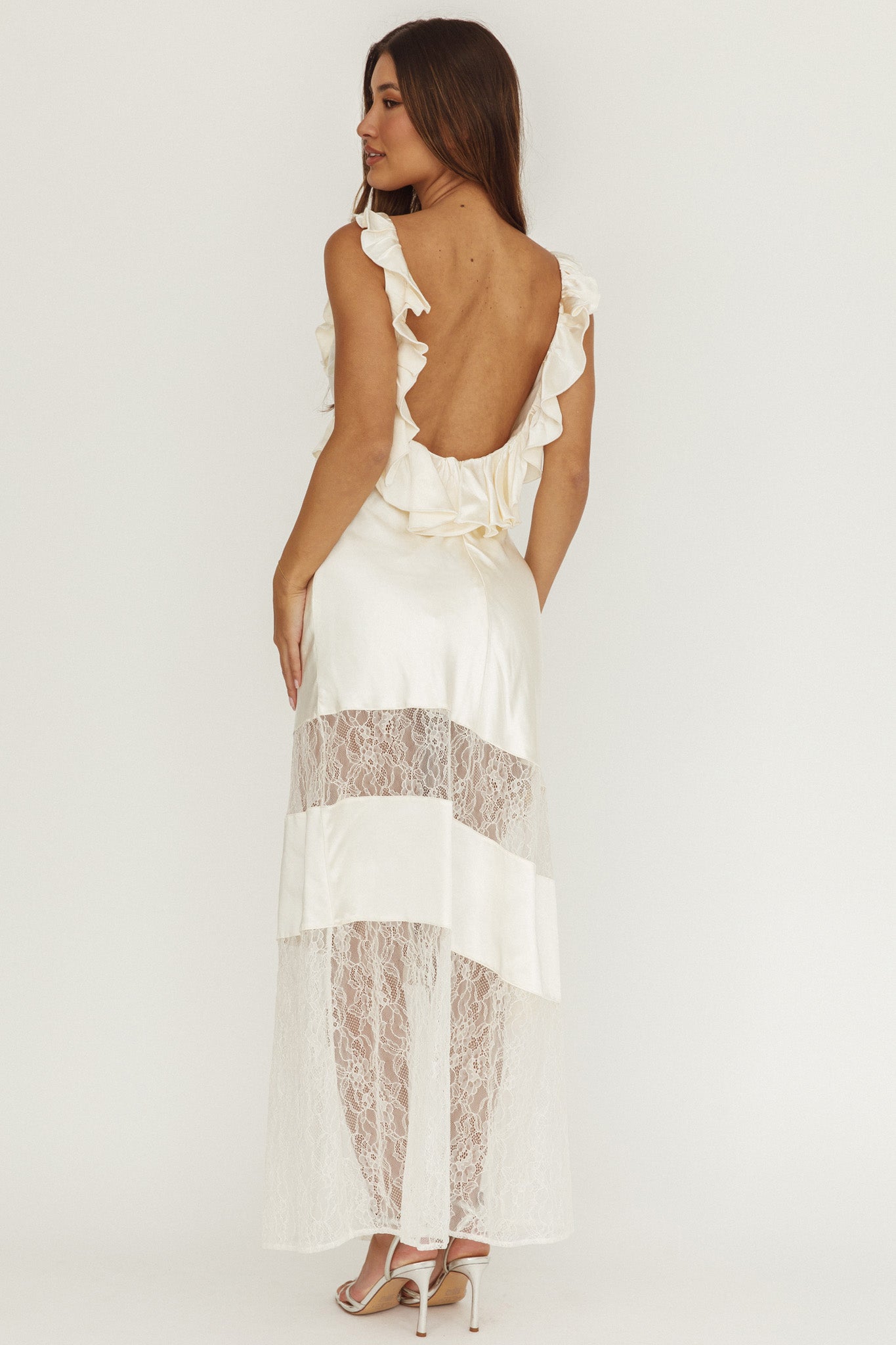 Alba Frill & Lace Trim Maxi Dress Oyster by Selfie Leslie Australia