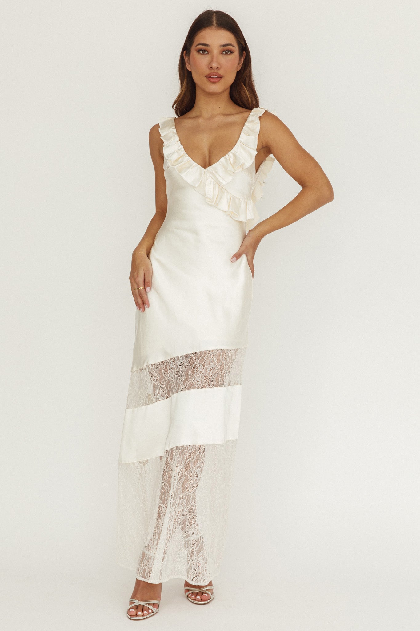 Alba Frill & Lace Trim Maxi Dress Oyster by Selfie Leslie Australia