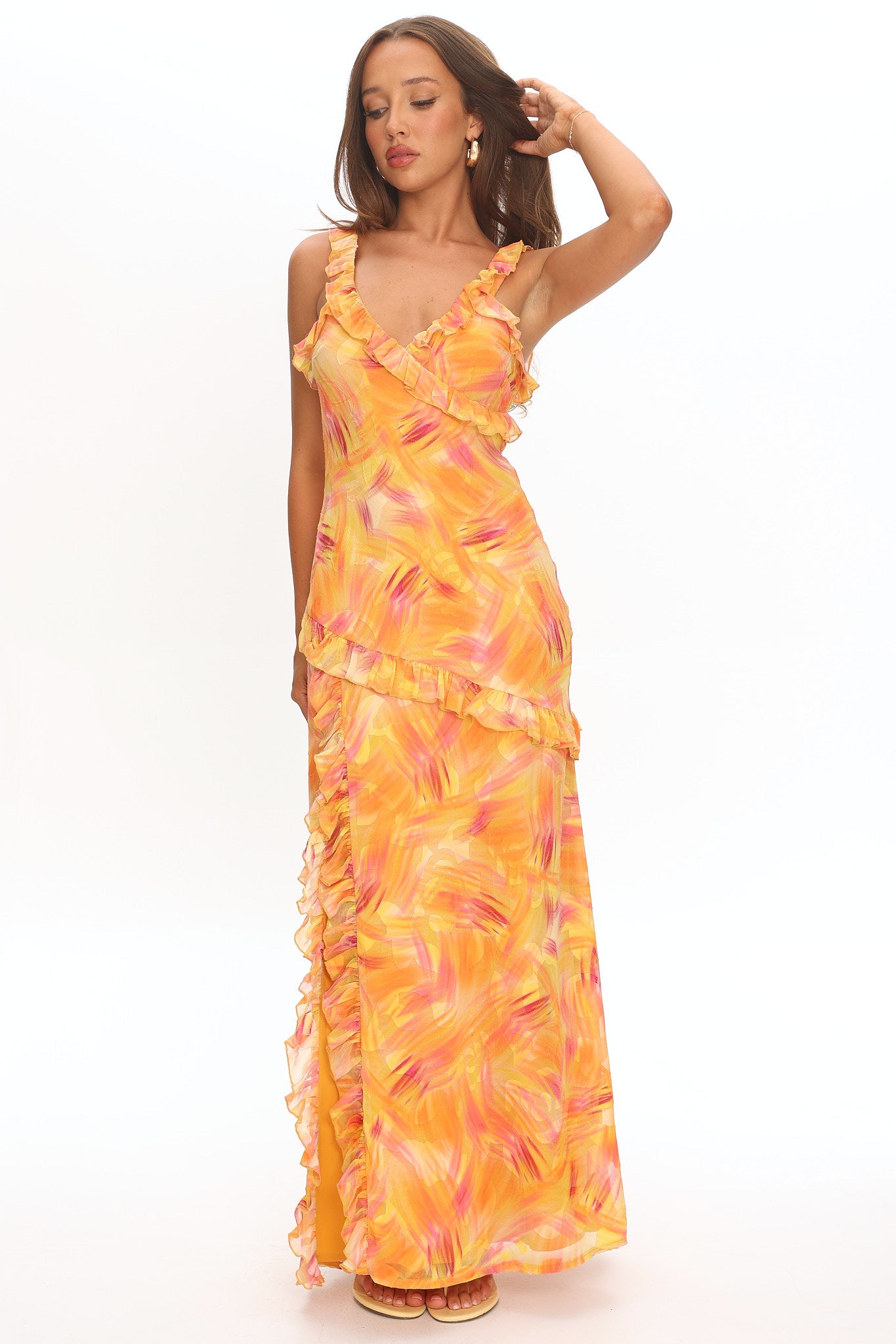 Alba Frill Trim Maxi Dress Abstract Orange by Selfie Leslie Australia