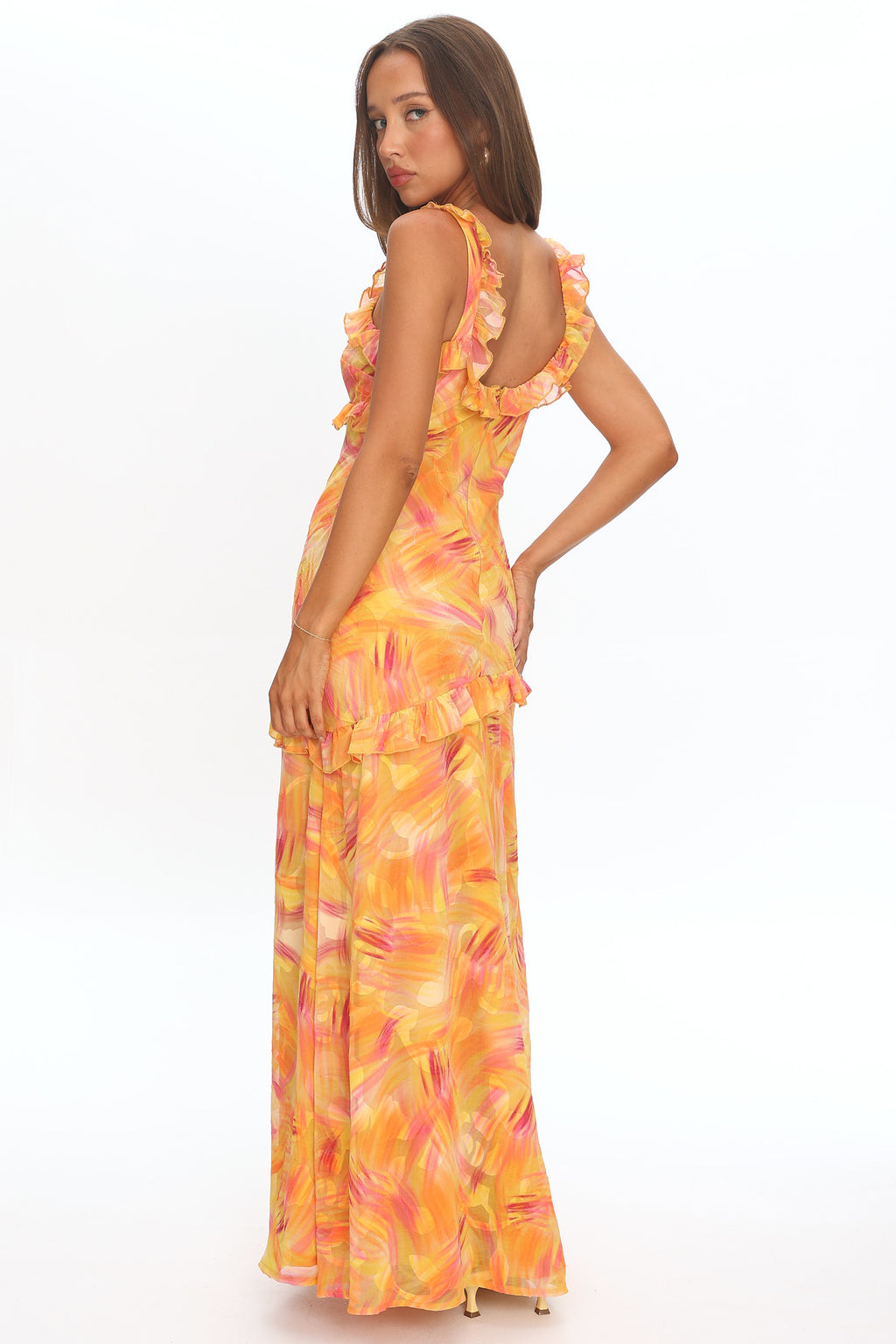 Alba Frill Trim Maxi Dress Abstract Orange by Selfie Leslie Australia
